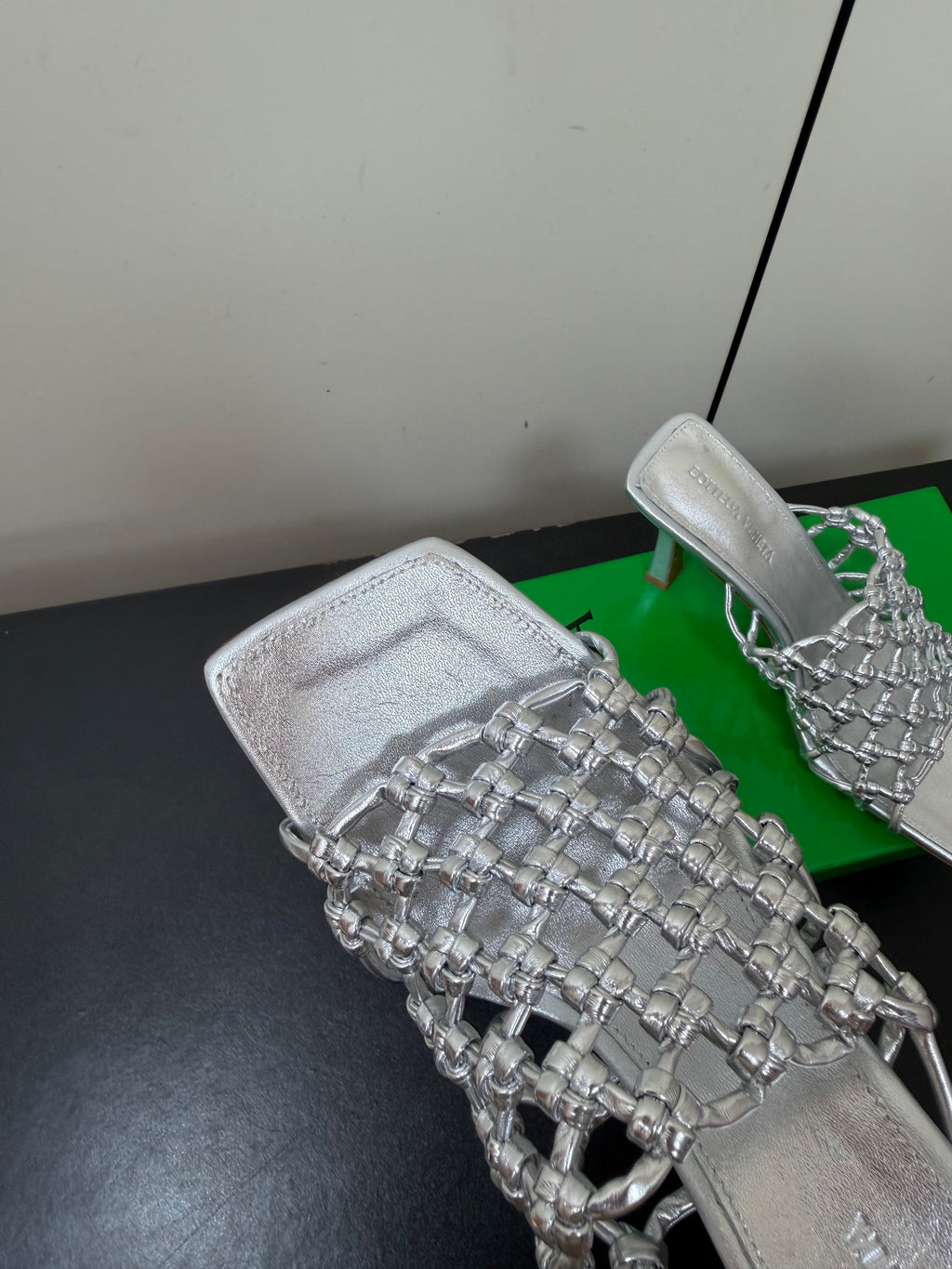 BOTTEGA VENETA 26S WOVEN STRAP HIGH-HEEL SANDALS 85 MM IN SILVER LAMBSKIN