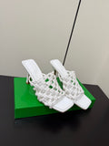 BOTTEGA VENETA 26S WOVEN STRAP HIGH-HEEL SANDALS 85 MM IN WHITE LAMBSKIN