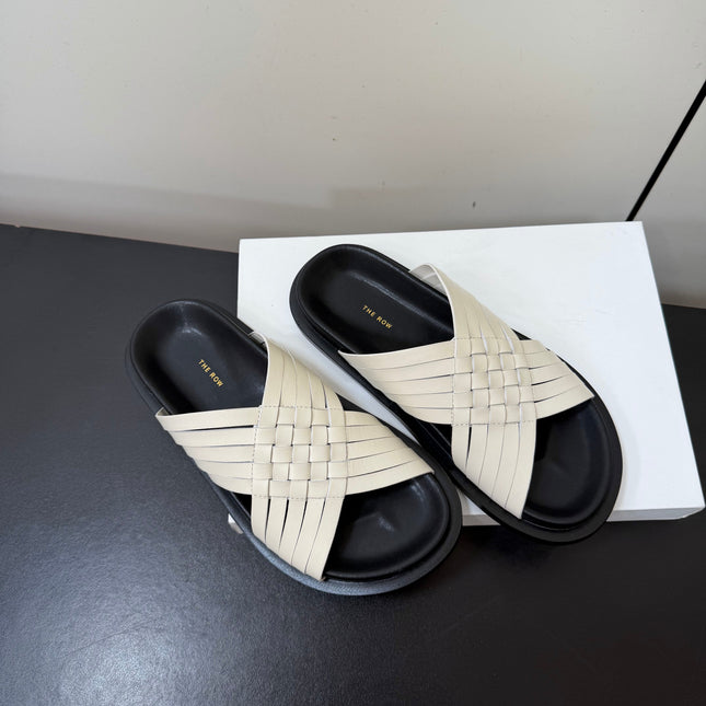 THE ROW 26S CROSS STRAP SANDALS IN IVORY WHITE CALFSKIN