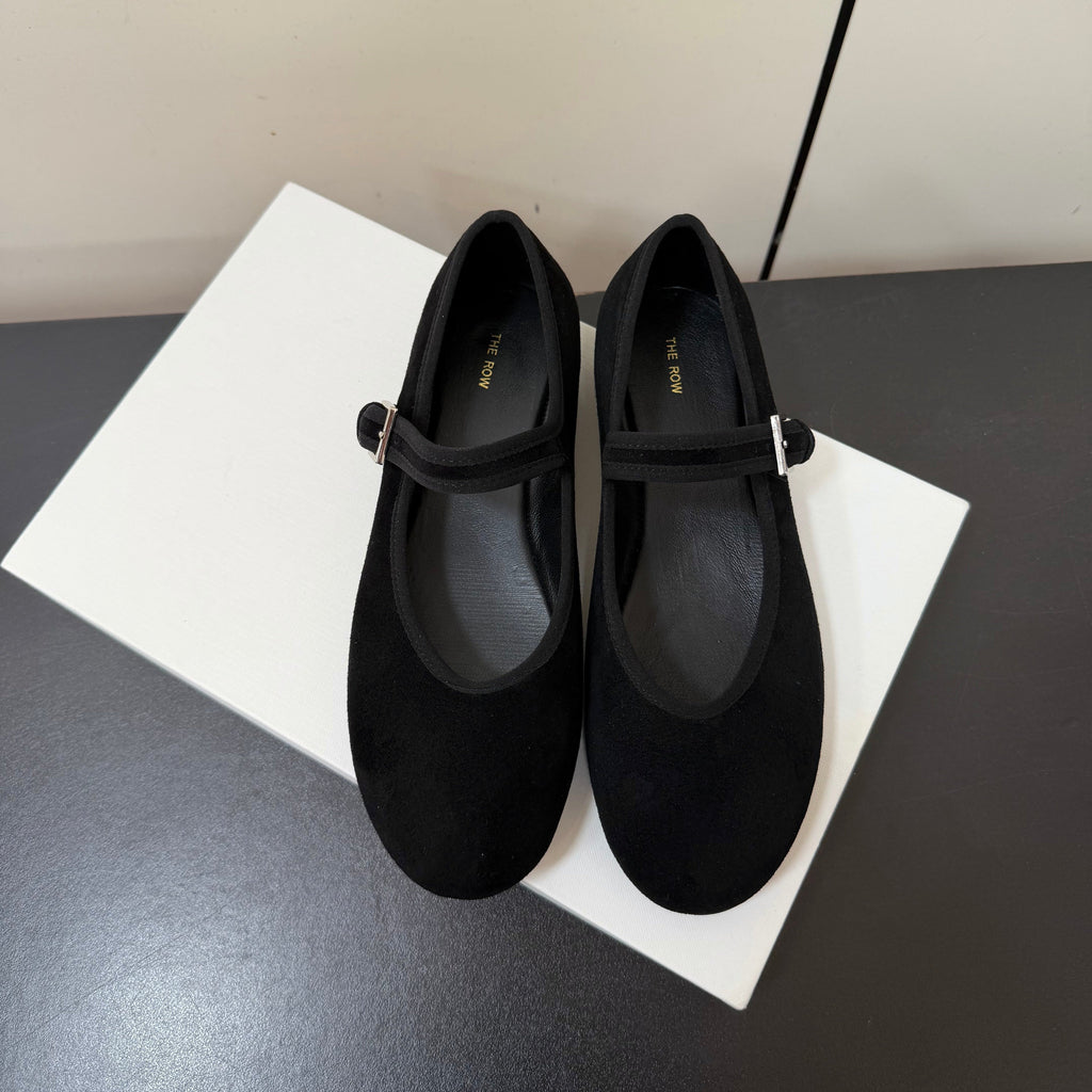 THE ROW 26S MARY JANE BALLET FLATS IN BLACK SUEDE WITH SILVER HARDWARE
