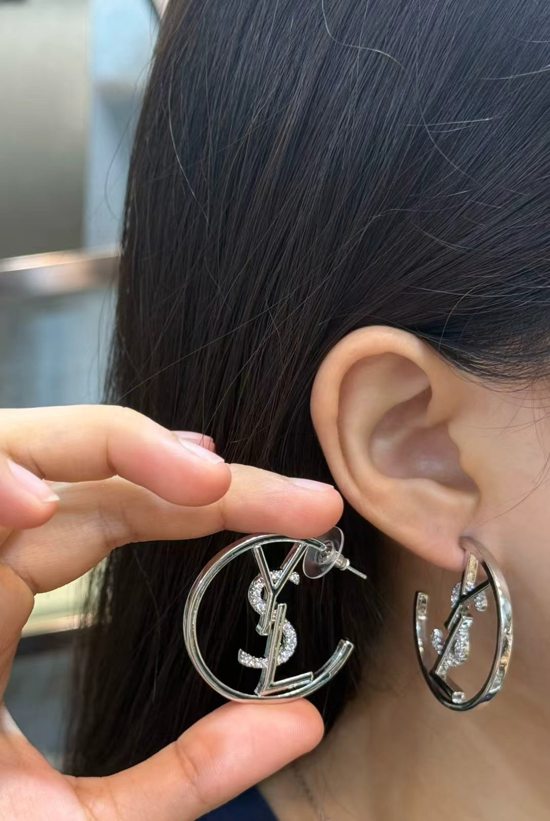 YSL 26S CRYSTAL LOGO HOOP EARRINGS IN SILVER TONE METAL 629137