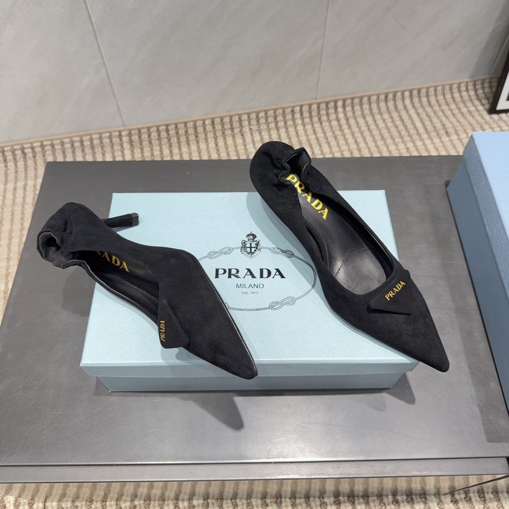 PRADA 26S PUMPS 55MM IN BLACK SUEDE WITH LOGO