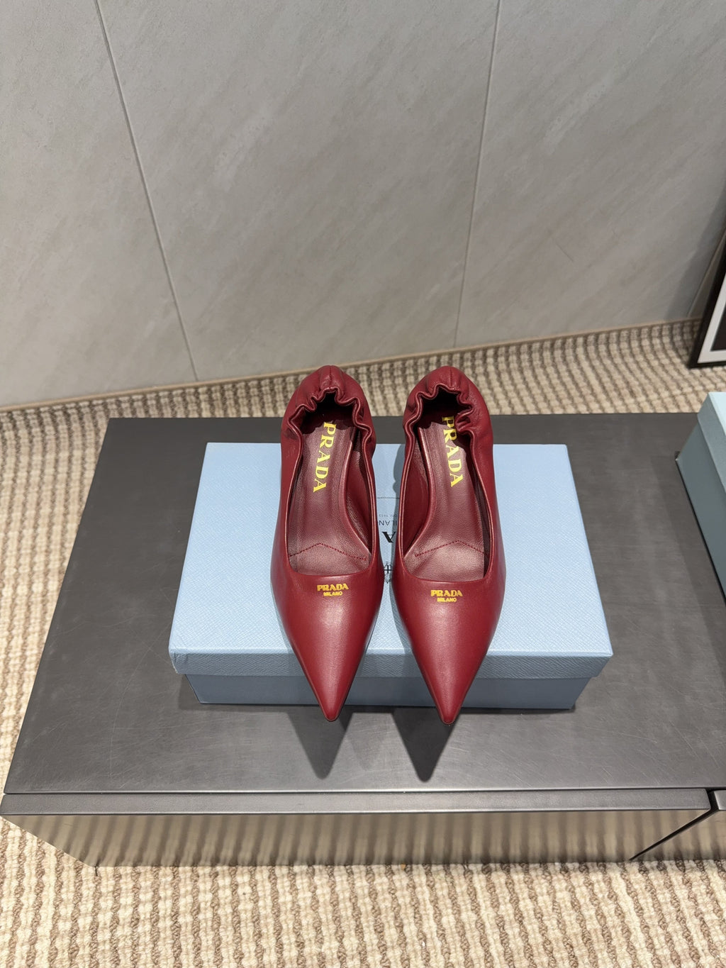 PRADA 26S POINTED TOE PUMPS 55MM IN DEEP WINE RED SHEEPSKIN WITH LOGO