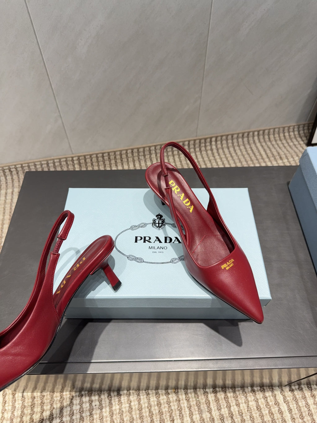 PRADA 26S POINTED TOE SLINGBACK HIGH HEELS 55MM IN DARK RED SHEEPSKIN