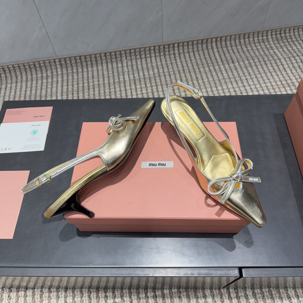 MIUMIU 26S SLINGBACK 55MM IN GOLD CALFSKIN WITH BOW