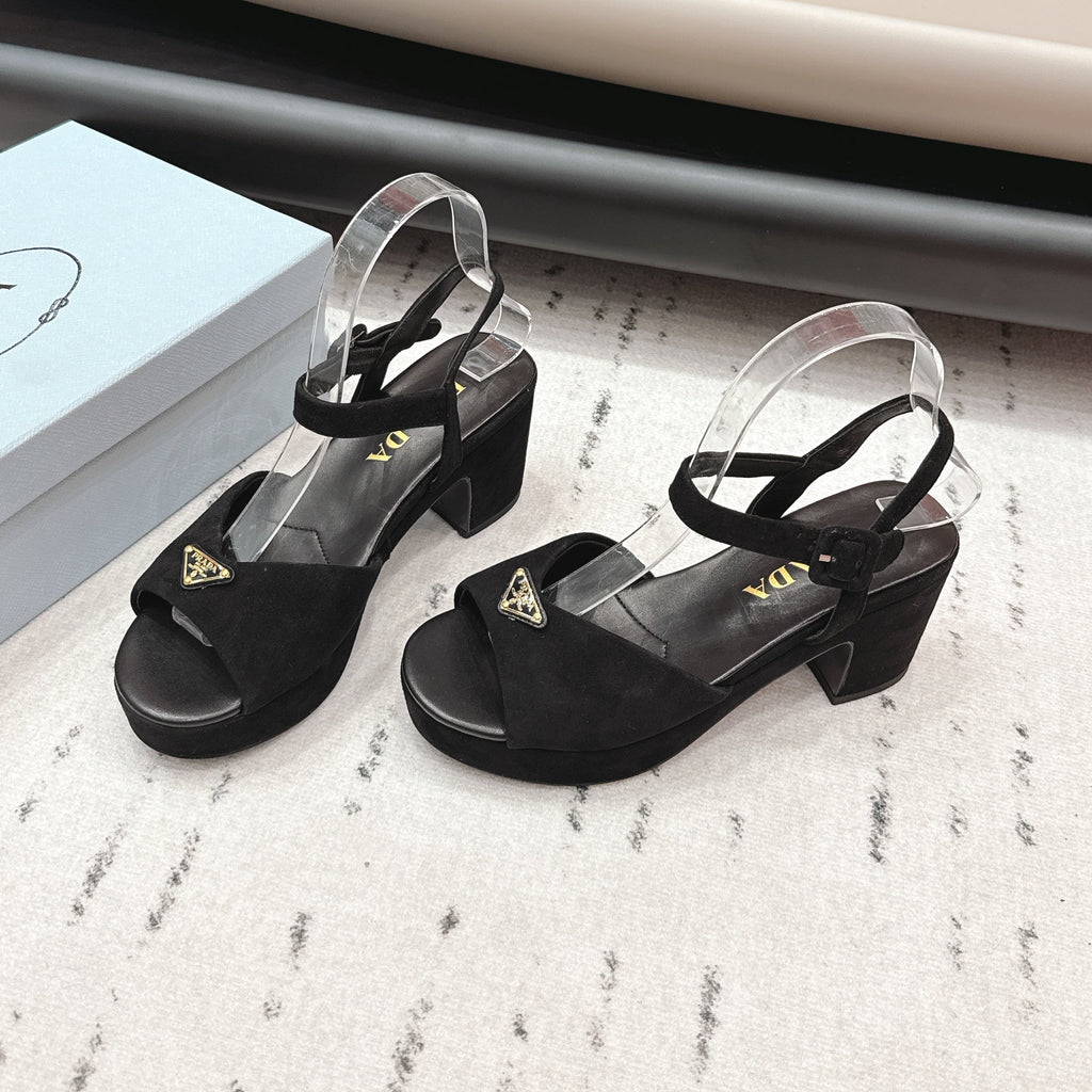 PRADA 26S HEELED SANDALS 75MM IN BLACK SUEDE WITH LOGO