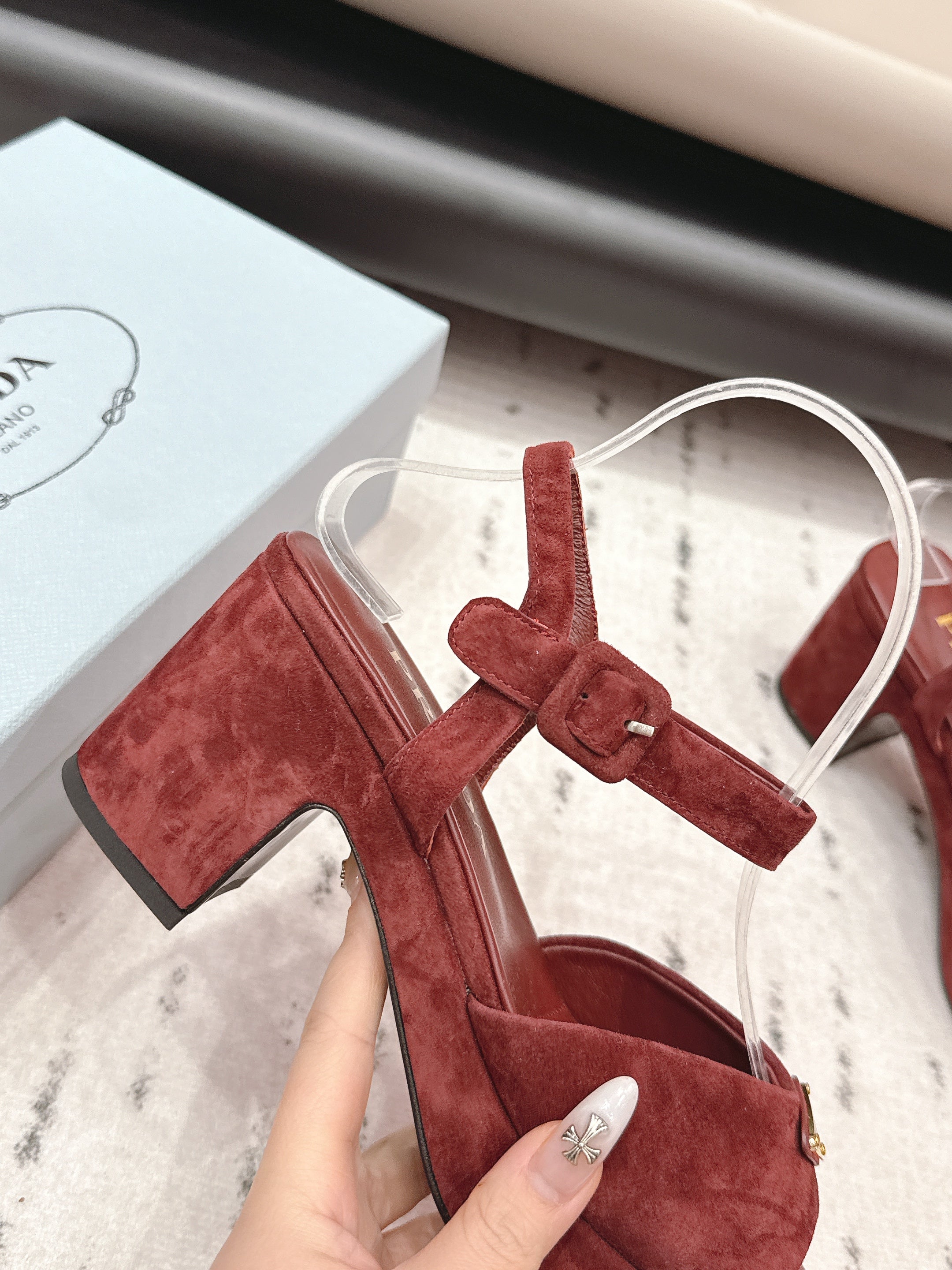 PRADA 26S HEELED SANDALS 75MM IN DARK RED SUEDE WITH LOGO