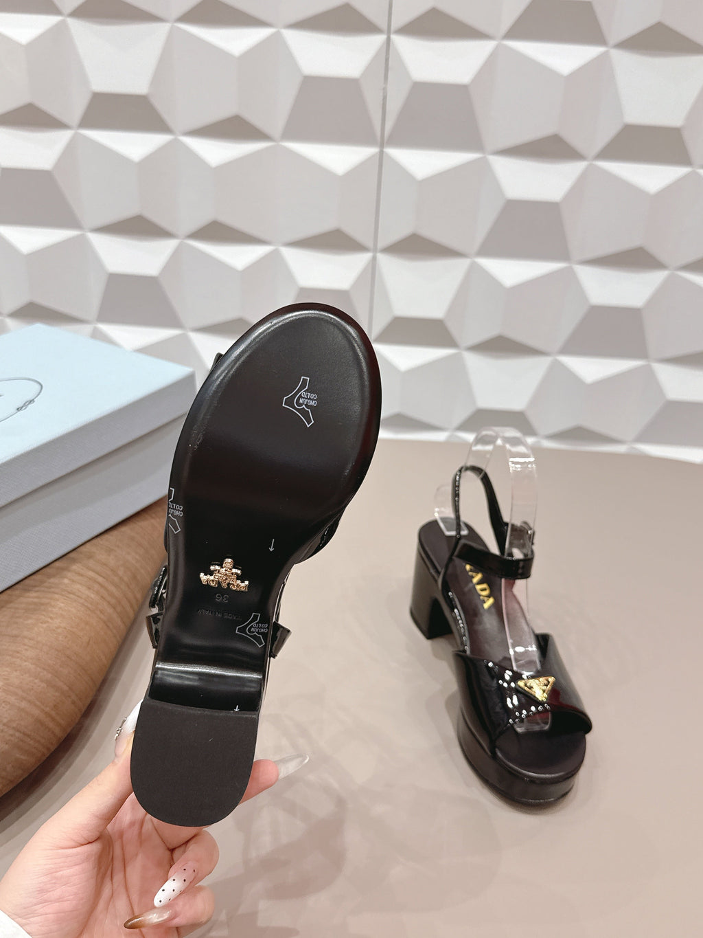PRADA 26S HEELED SANDALS 75MM IN BLACK PATENT CALFSKIN WITH LOGO
