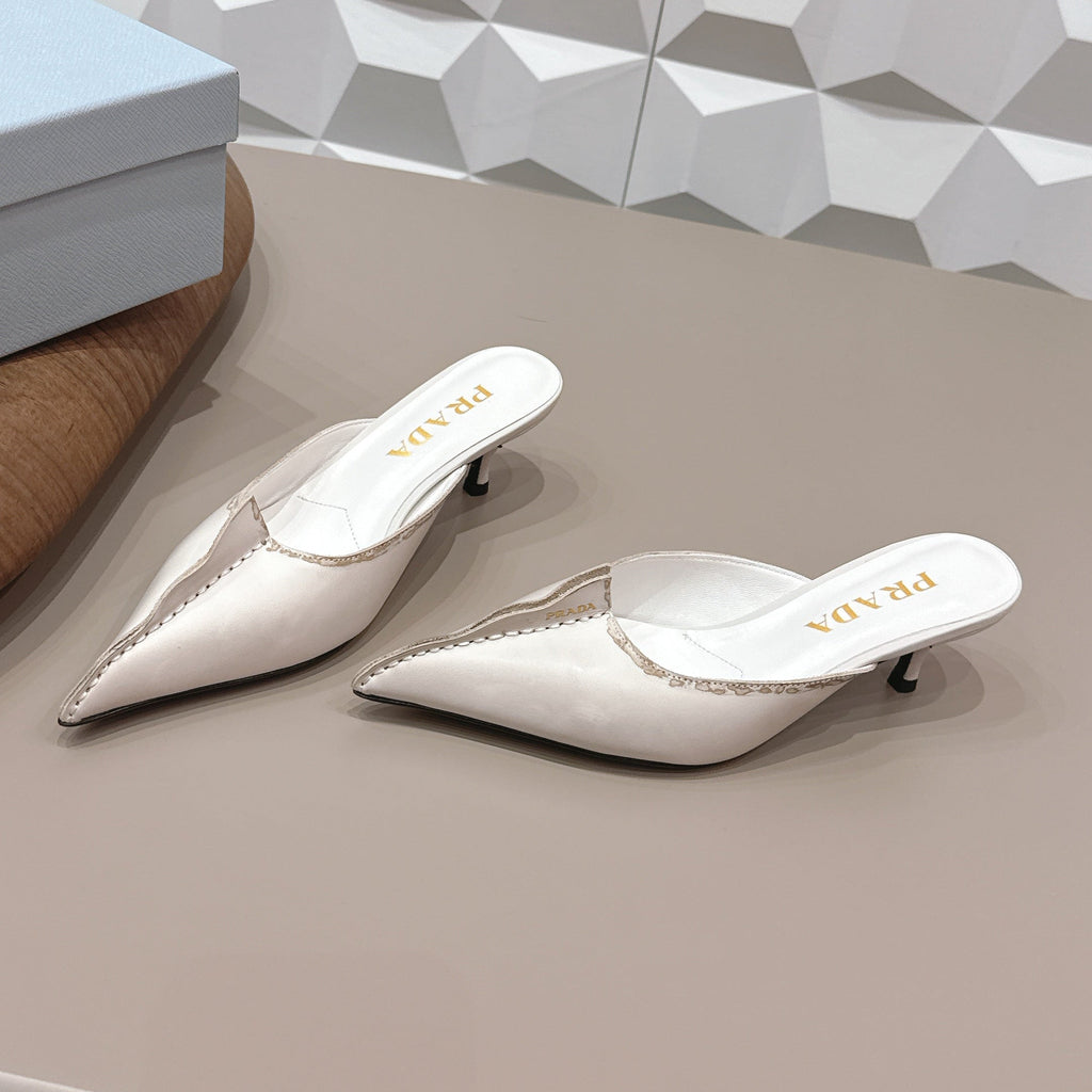 PRADA 26S POINTED TOE LACE TRIM MULES 55MM IN CREAM WHITE CALFSKIN