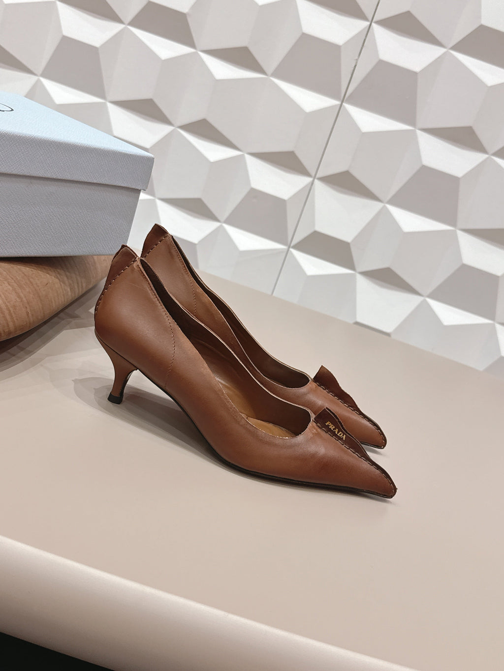 PRADA 26S POINTED TOE HIGH HEELS 55MM IN BROWN CALFSKIN