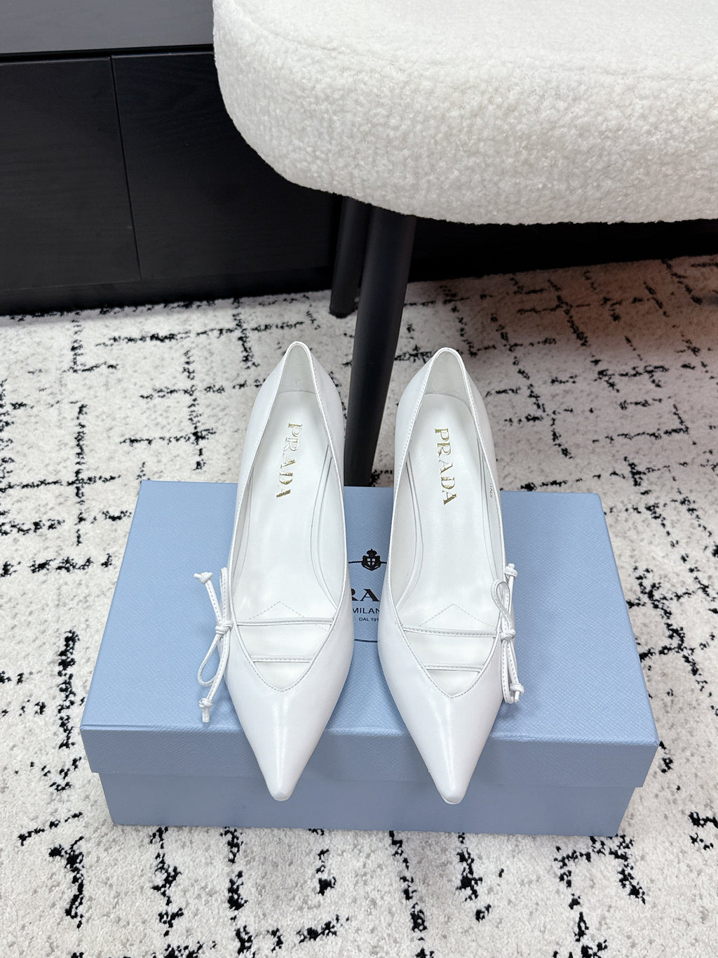 PRADA 26S POINTED-TOE HIGH HEELS 75MM IN WHITE CALFSKIN