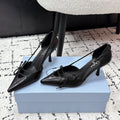 PRADA 26S POINTED-TOE HIGH HEELS 75MM IN BLACK CALFSKIN WITH BOW