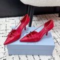 PRADA 26S POINTED-TOE HIGH HEELS 75MM IN DARK RED PATENT CALFSKIN WITH BOW