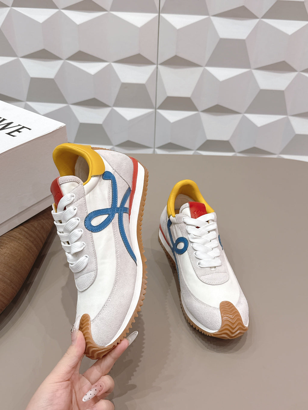 LOEWE 26S FLOW RUNNER SNEAKER IN LIGHT GRAY SUEDE YELLOW AND BLUE CALFSKIN