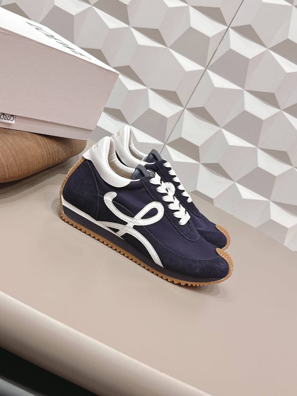 LOEWE 26S FLOW RUNNER SNEAKER IN NAVY BLUE SUEDE AND WHITE CALFSKIN