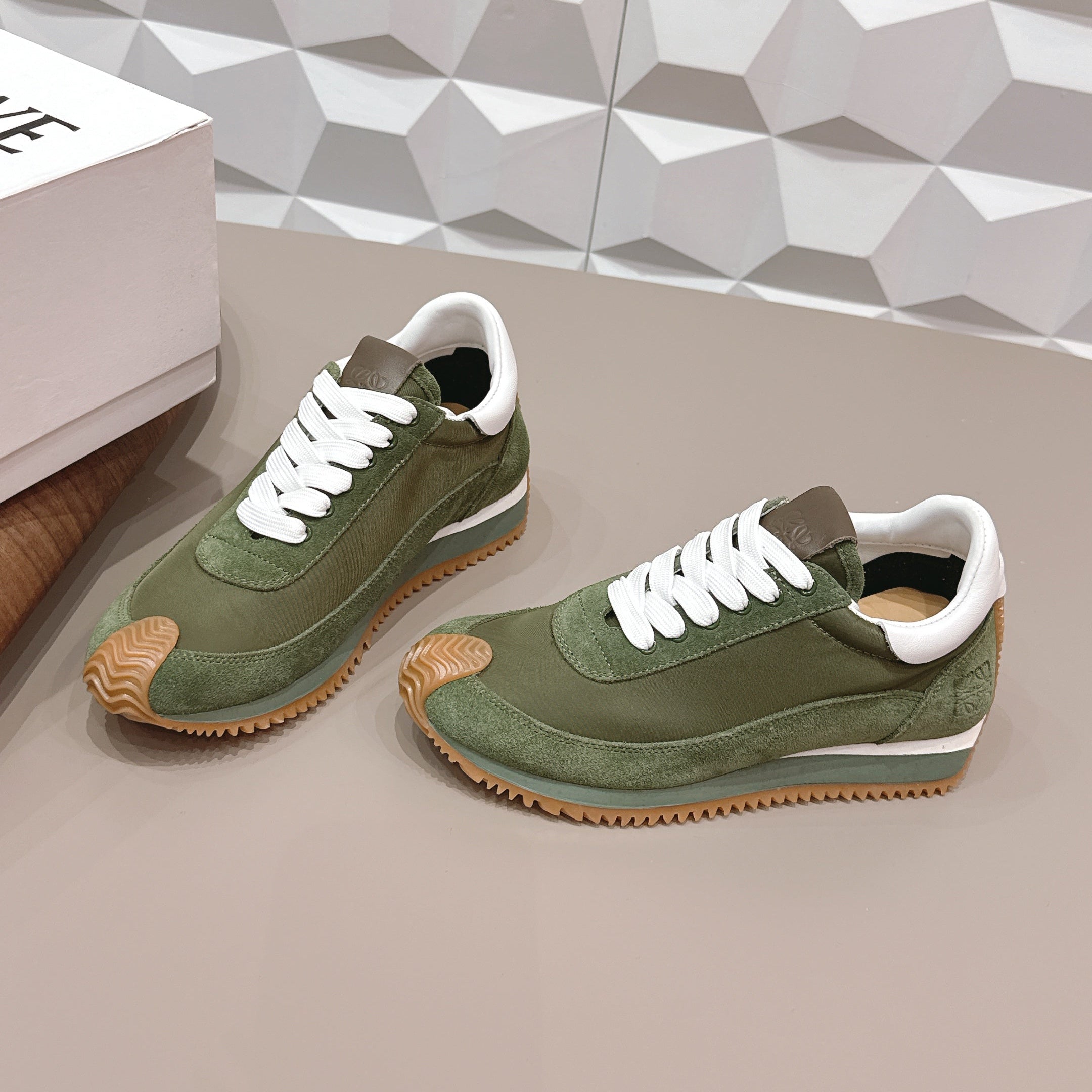 LOEWE 26S FLOW RUNNER SNEAKER IN DARK OLIVE GREEN SUEDE AND WHITE CALFSKIN