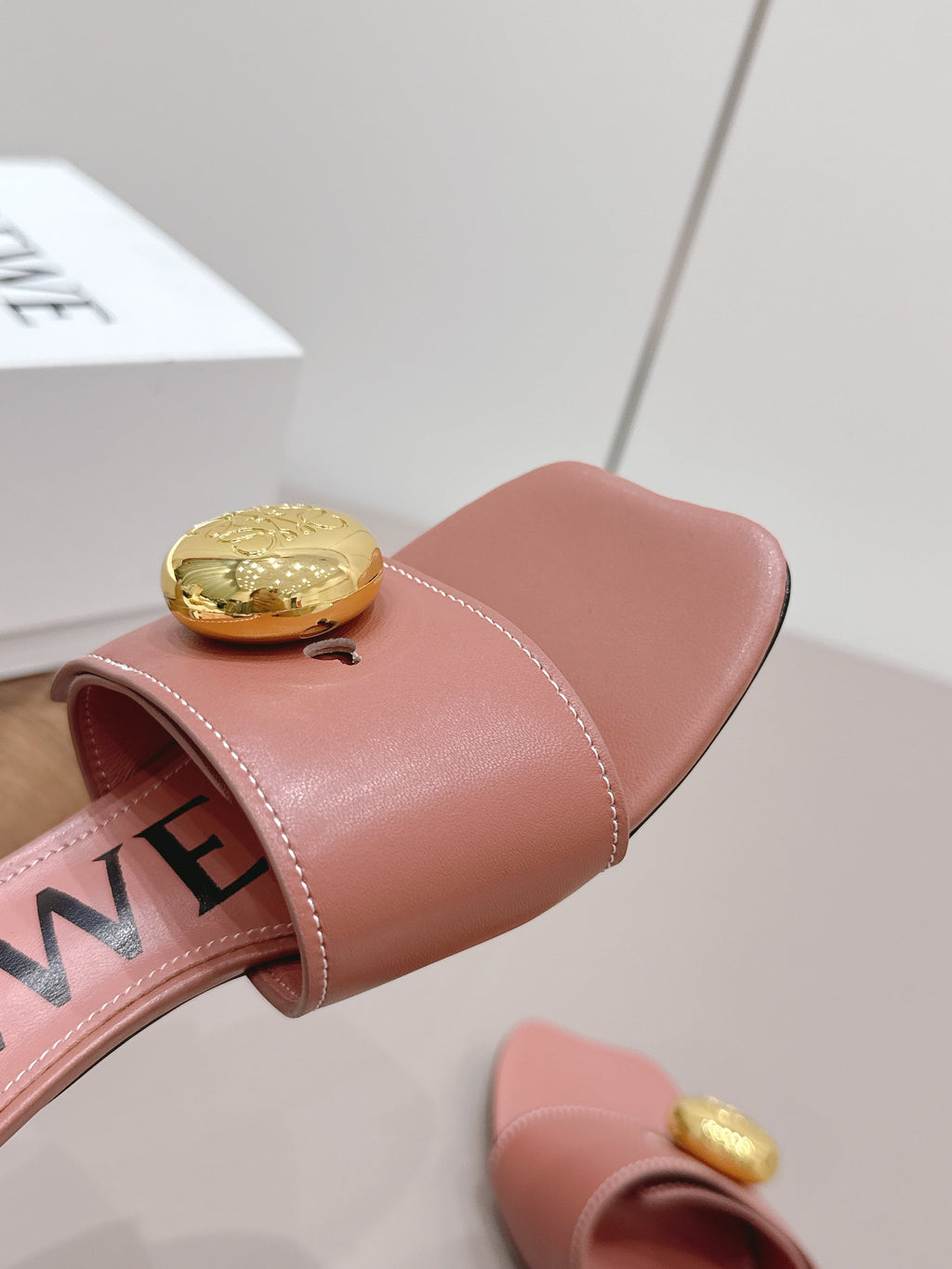 LOEWE 26S SQUARE TOE SANDALS 45MM IN PINK CALFSKIN GOLD HARDWARE