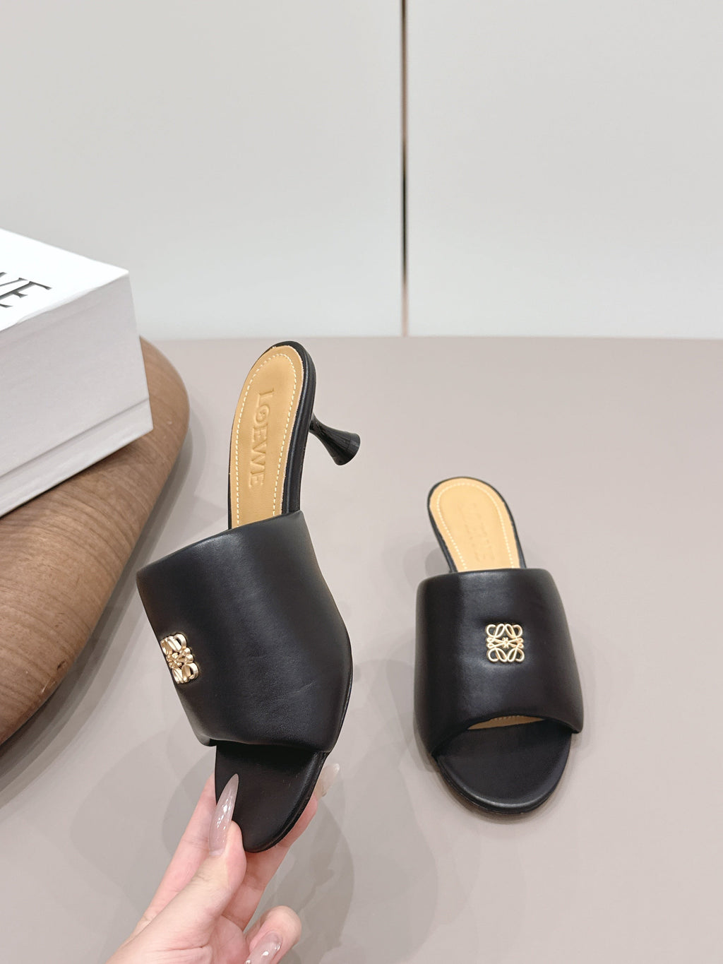 LOEWE 26S MULE HEELS 45MM IN BLACK LAMBSKIN GOLD HARDWARE