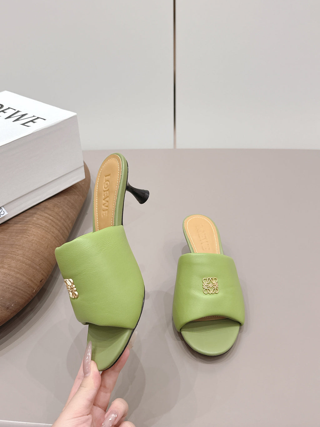 LOEWE 26S MULE HEELS 45MM IN OLIVE GREEN LAMBSKIN GOLD HARDWARE