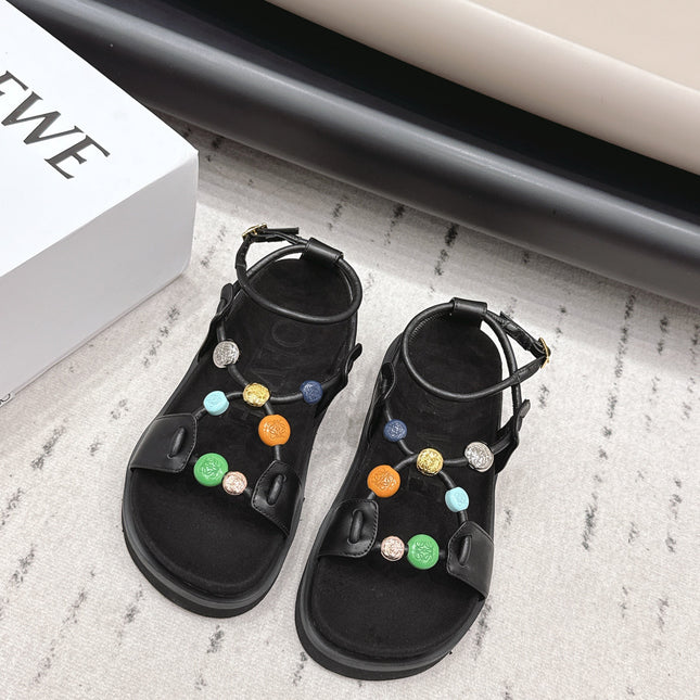 LOEWE 26S ROUND TOE WEDGE SANDALS 30MM IN BLACK CALFSKIN AND SUEDE