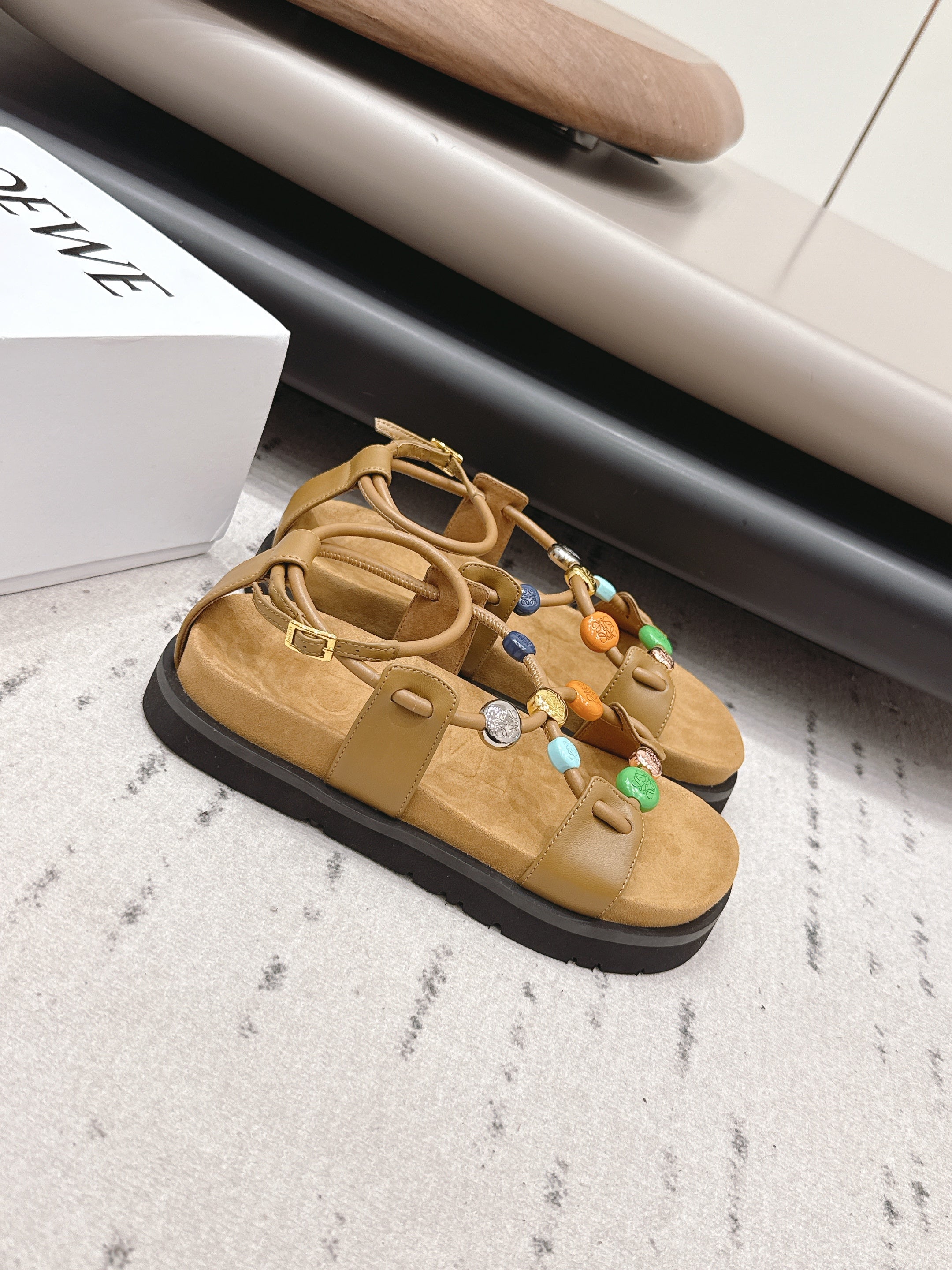 LOEWE 26S ROUND TOE WEDGE SANDALS 30MM IN TAN BROWN CALFSKIN AND SUEDE