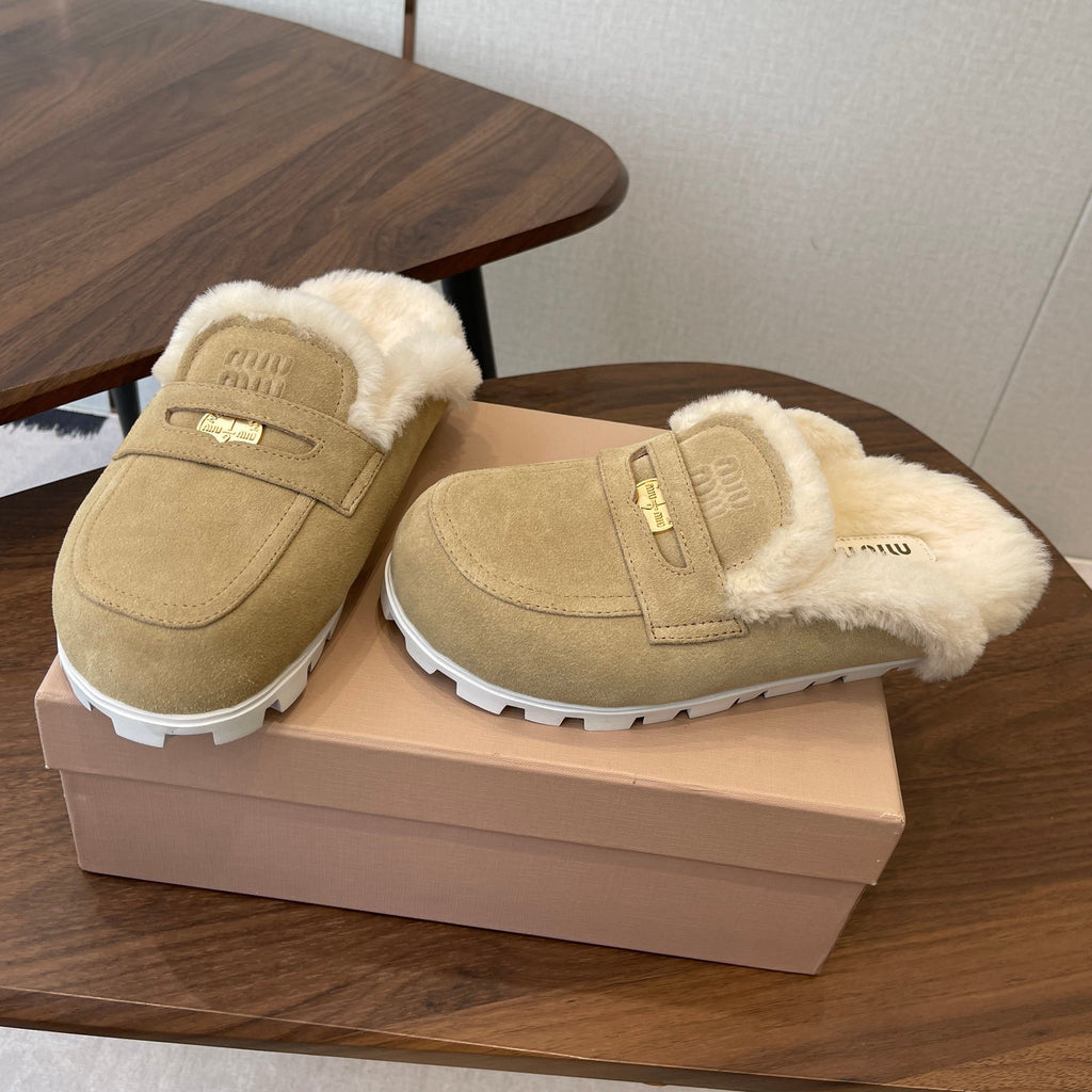 MIUMIU 25S MULES SLIPPERS SHEEPWOOL IN LIGHT BROWN SUEDE