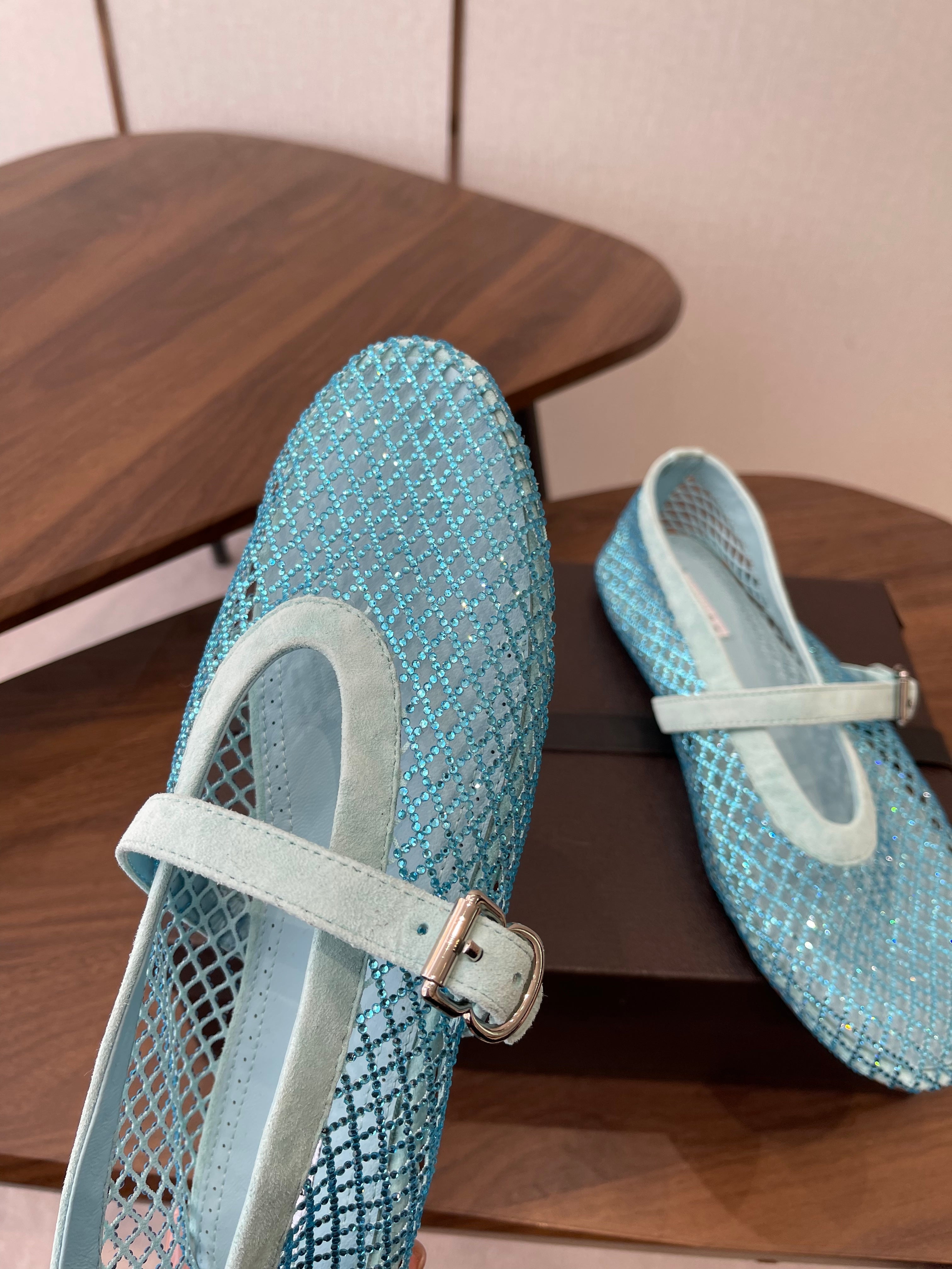 ALAIA 26S MESH FLATS IN BLUE SUEDE RHINESTONE-EMBELLISHED