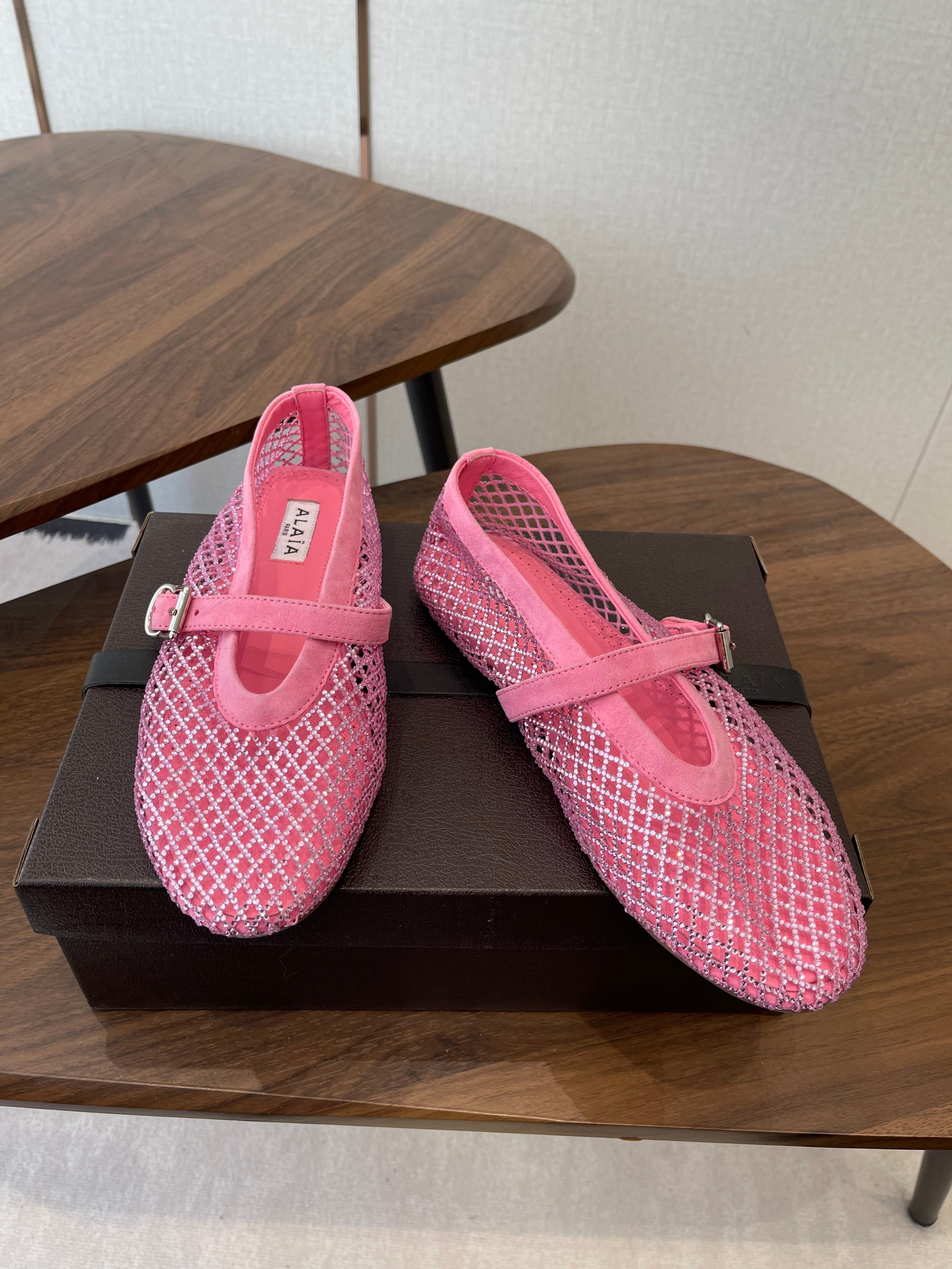 ALAIA 26S MESH FLATS IN PINK SUEDE RHINESTONE-EMBELLISHED