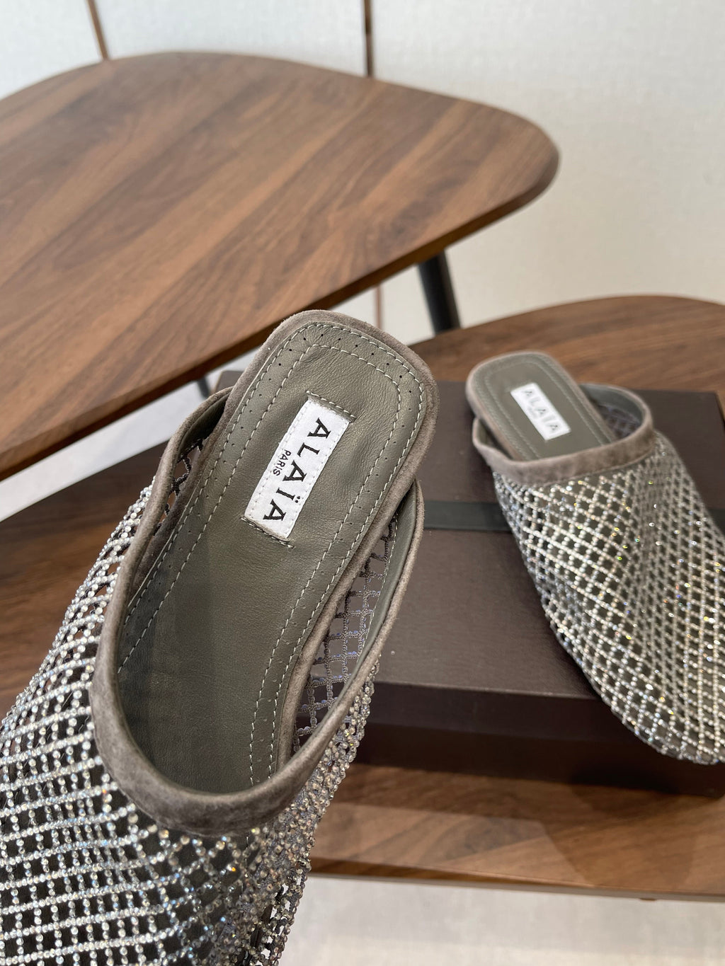 ALAIA 26S FLAT MULES IN DARK GREY SUEDE AND MESH RHINESTONE-EMBELLISHED