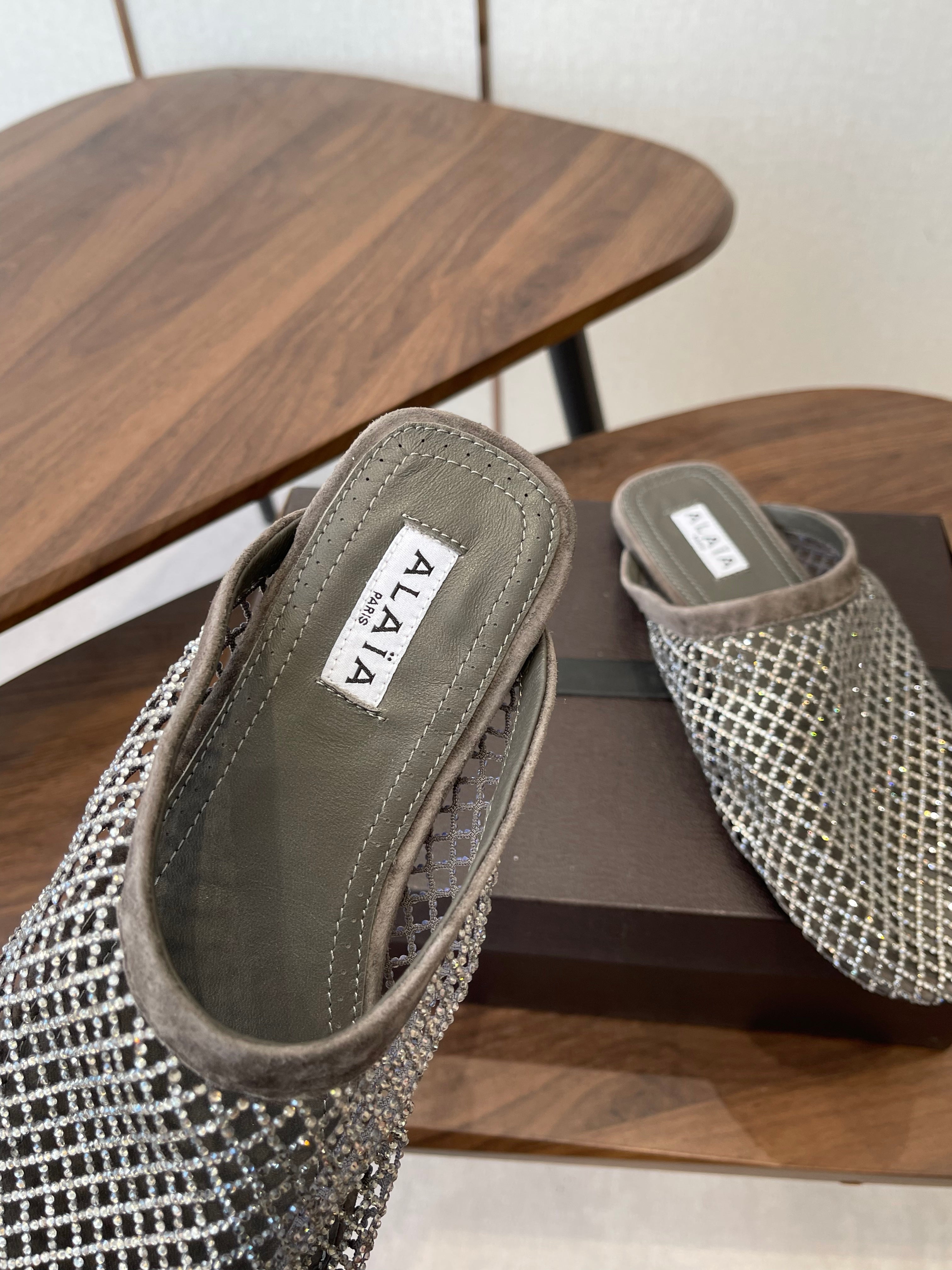ALAIA 26S FLAT MULES IN DARK GREY SUEDE AND MESH RHINESTONE-EMBELLISHED