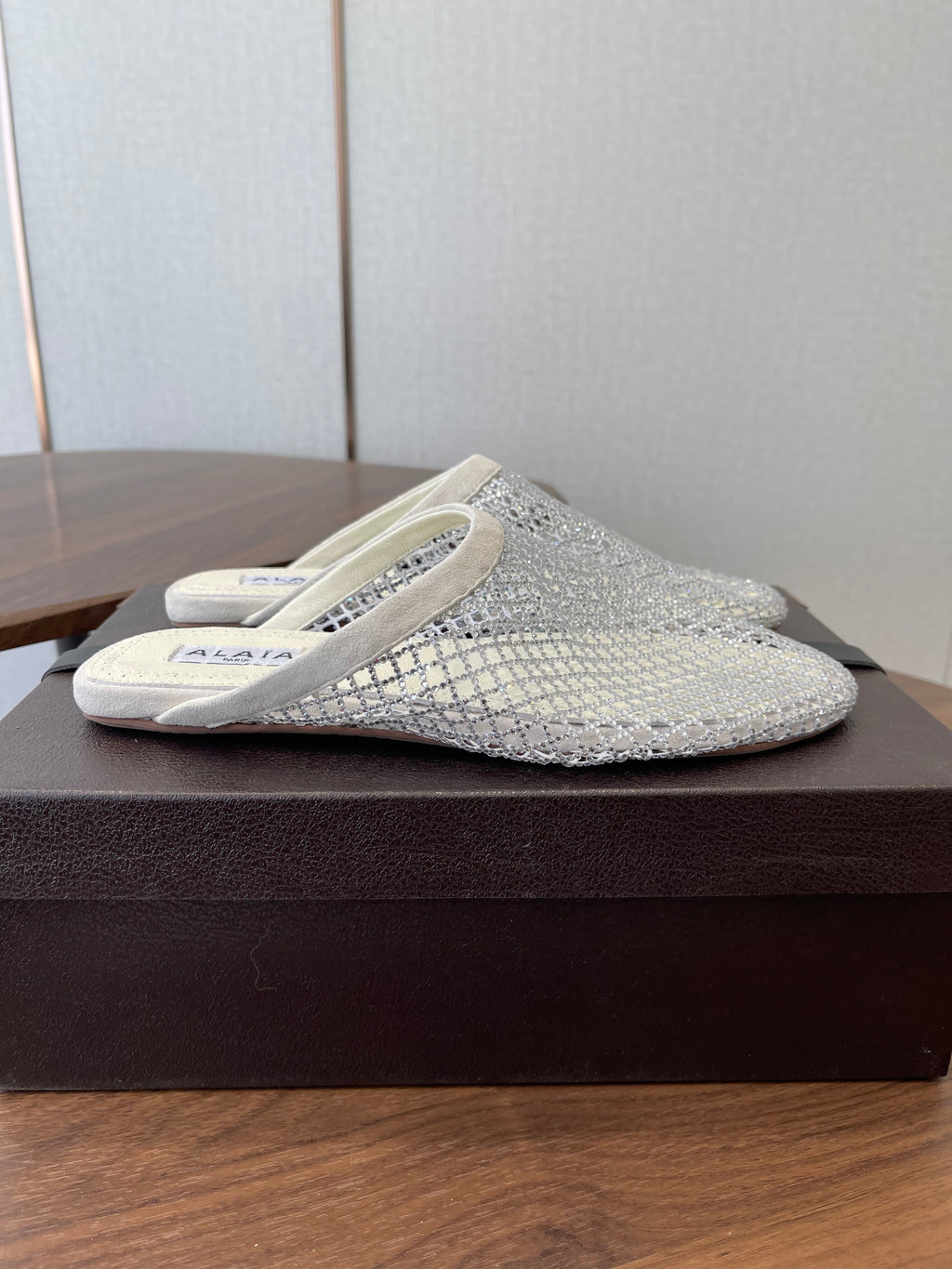 ALAIA 26S FLAT MULES IN CREAM WHITE SUEDE AND MESH RHINESTONE-EMBELLISHED