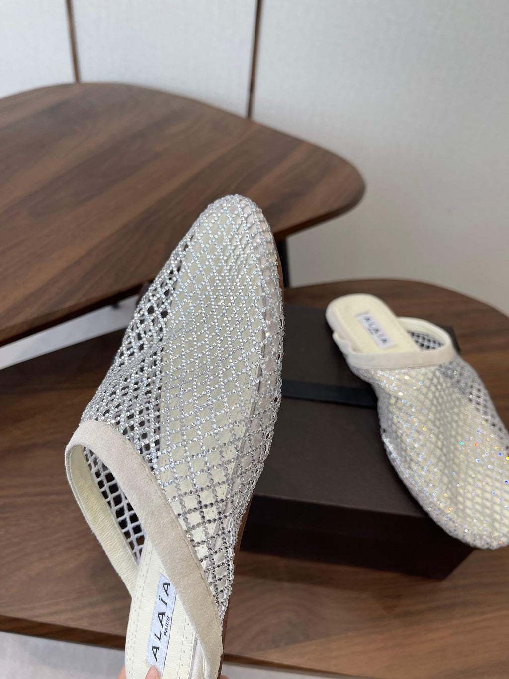ALAIA 26S FLAT MULES IN CREAM WHITE SUEDE AND MESH RHINESTONE-EMBELLISHED