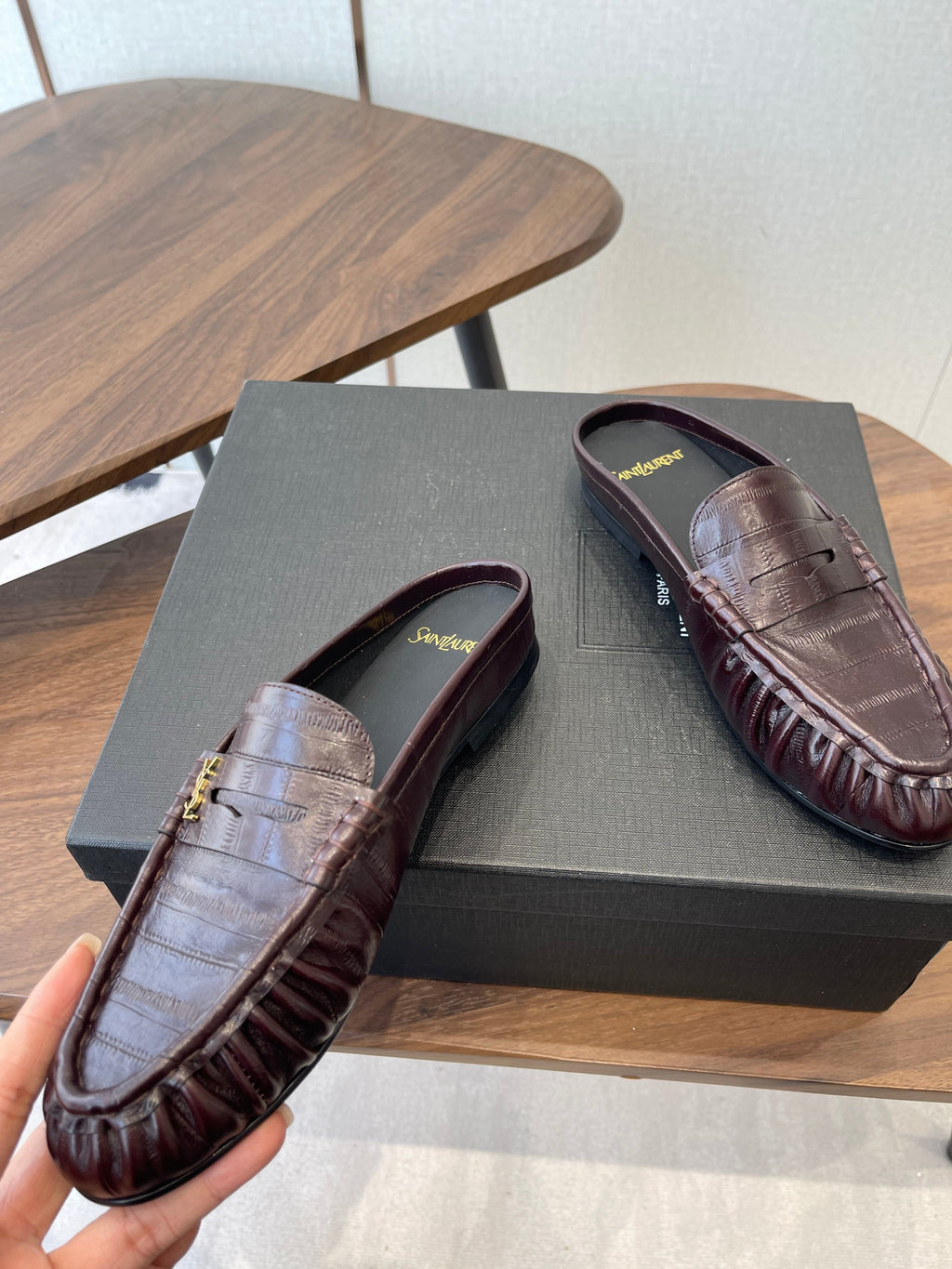 YSL 26S LOAFER MULES IN DARK RED BROWN CALFSKIN
