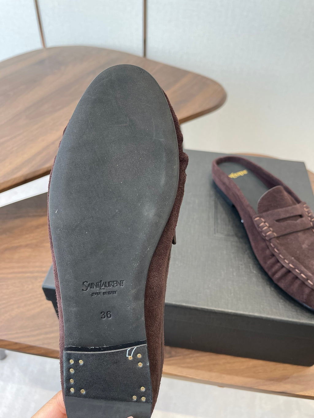 YSL 26S LOAFER MULES IN DARK PLUM BROWN SUEDE