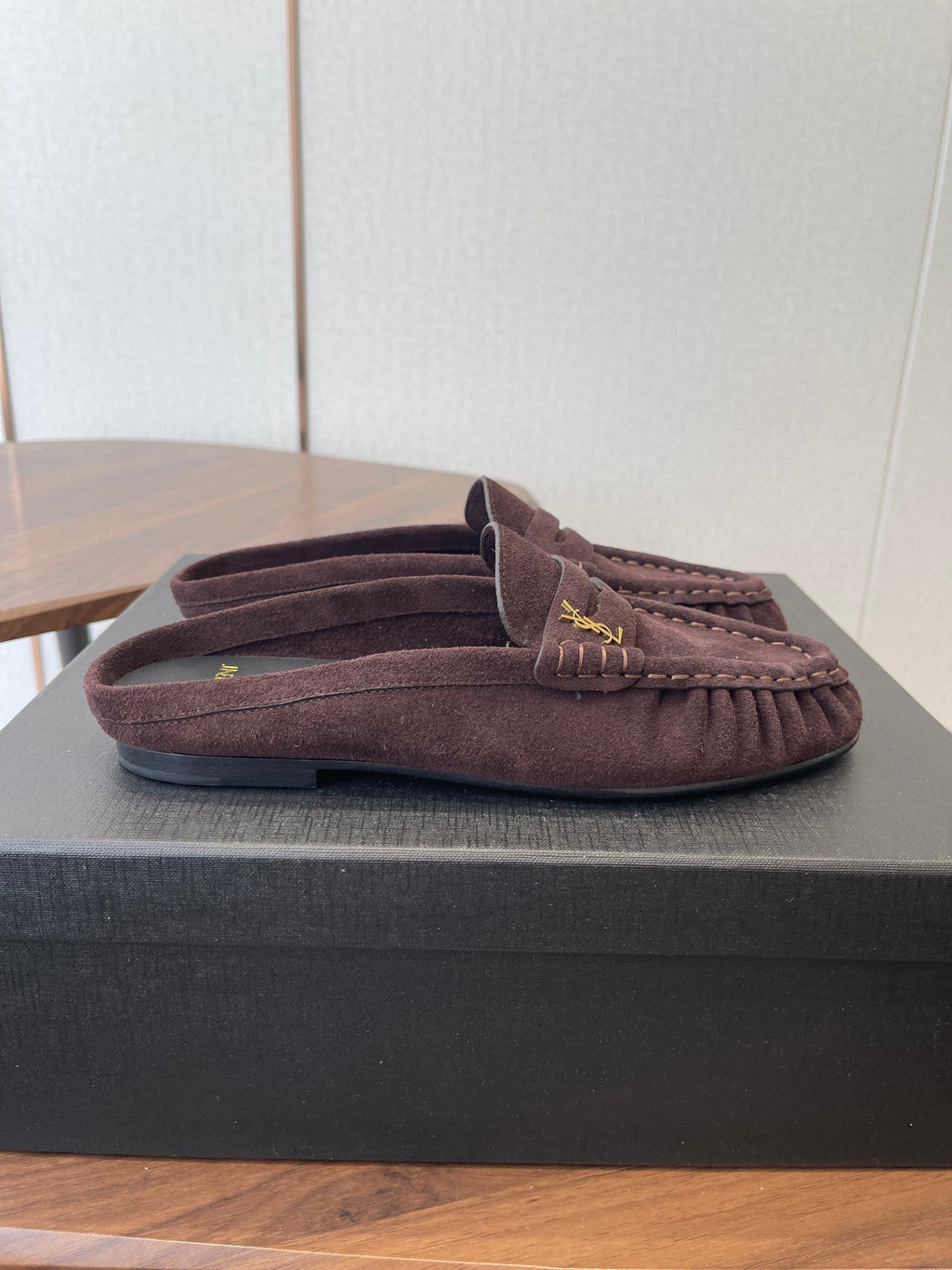 YSL 26S LOAFER MULES IN DARK PLUM BROWN SUEDE