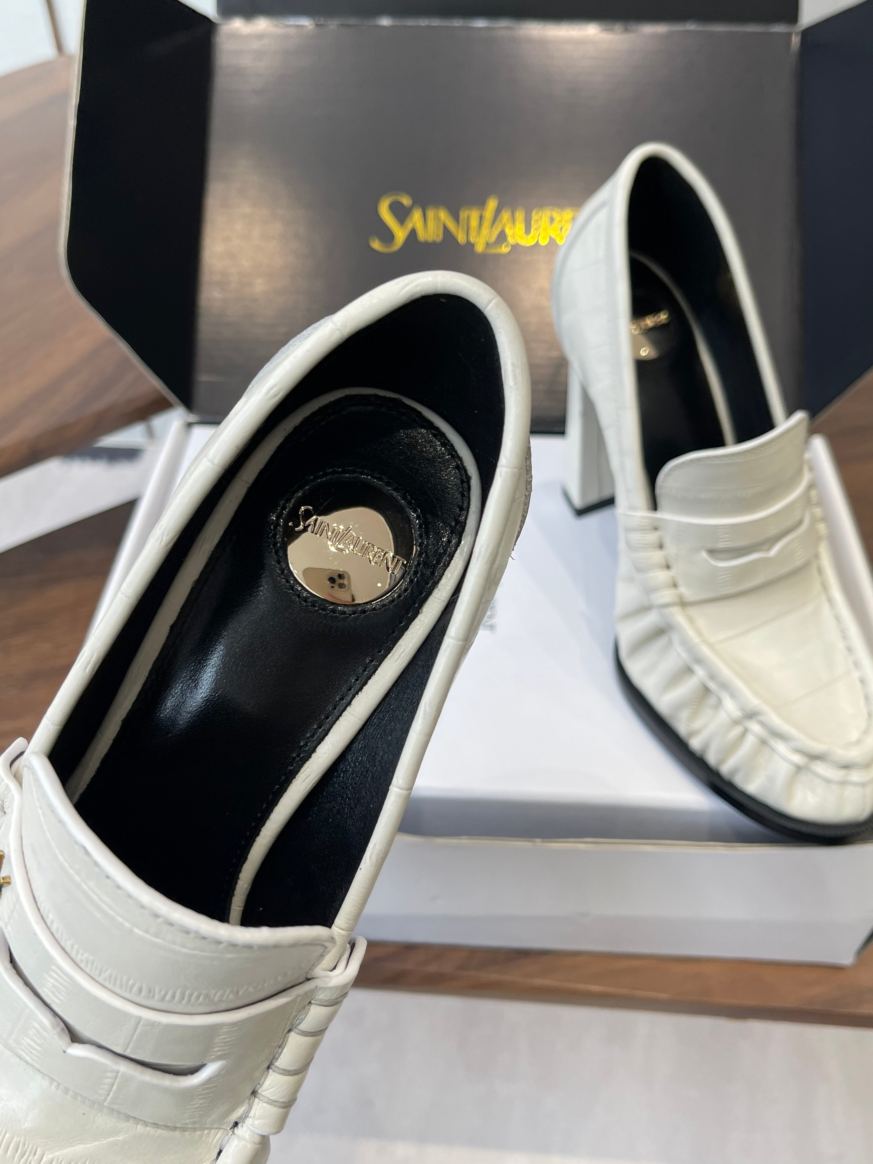 YSL 26S HEELED LOAFERS 100 MM IN WHITE CALFSKIN