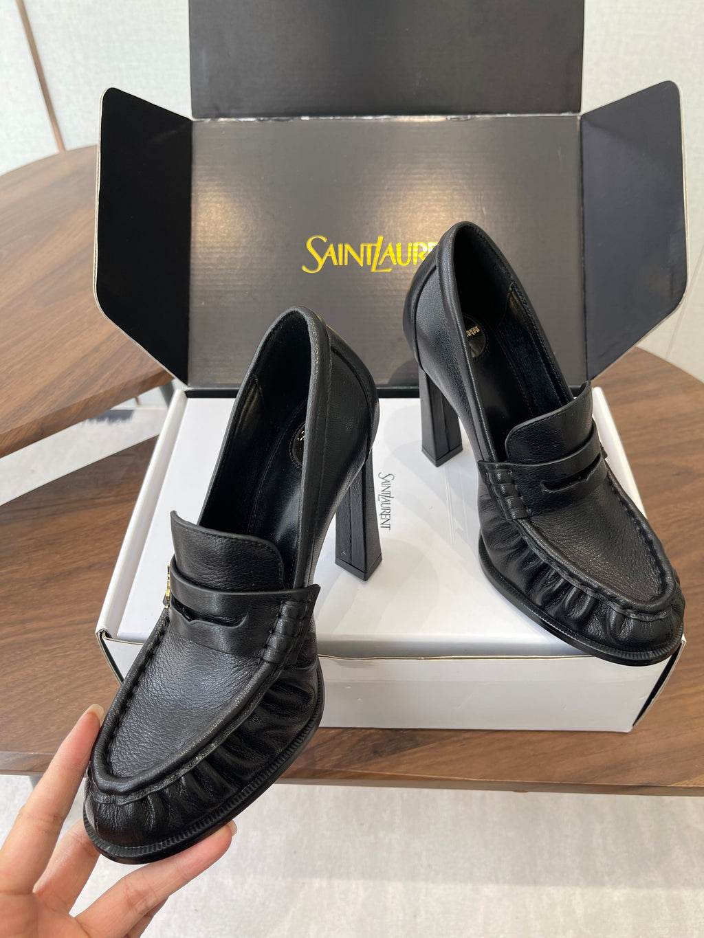 YSL 26S HEELED LOAFERS 100 MM IN BLACK CALFSKIN
