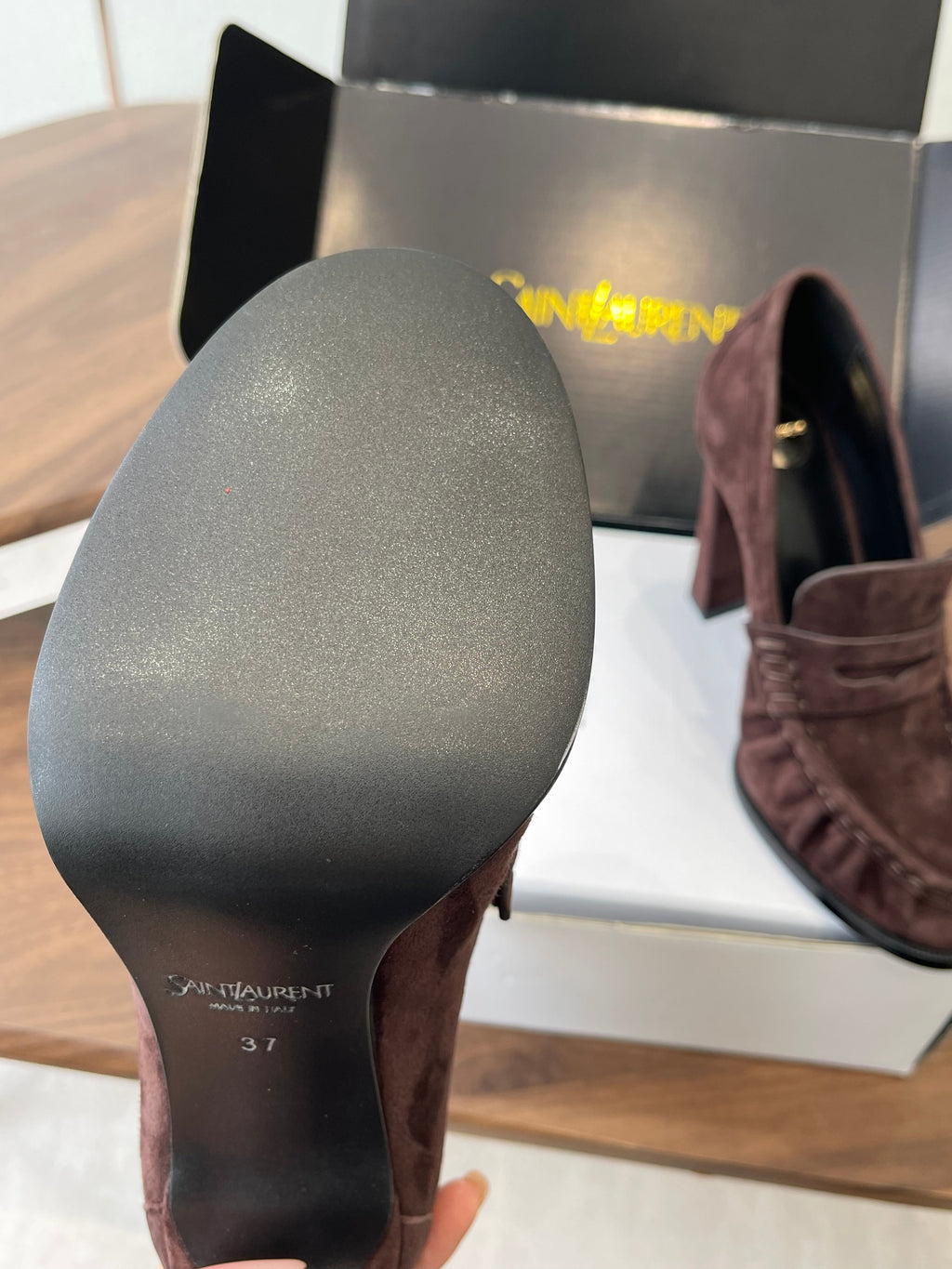 YSL 26S HEELED LOAFERS 100 MM IN WINE BROWN SUEDE