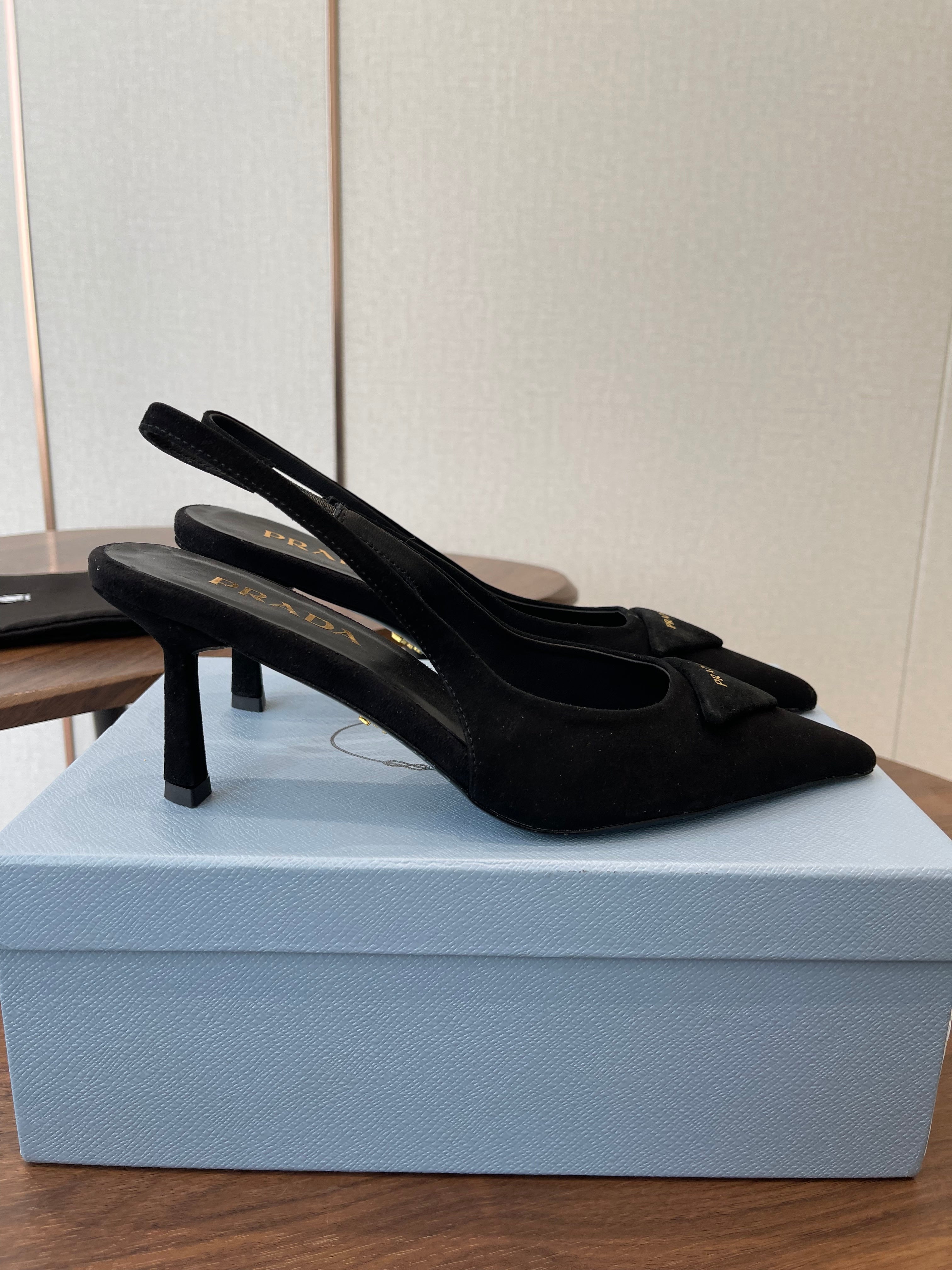 PRADA 26S SLINGBACK PUMPS 75MM IN BLACK SUEDE WITH LOGO