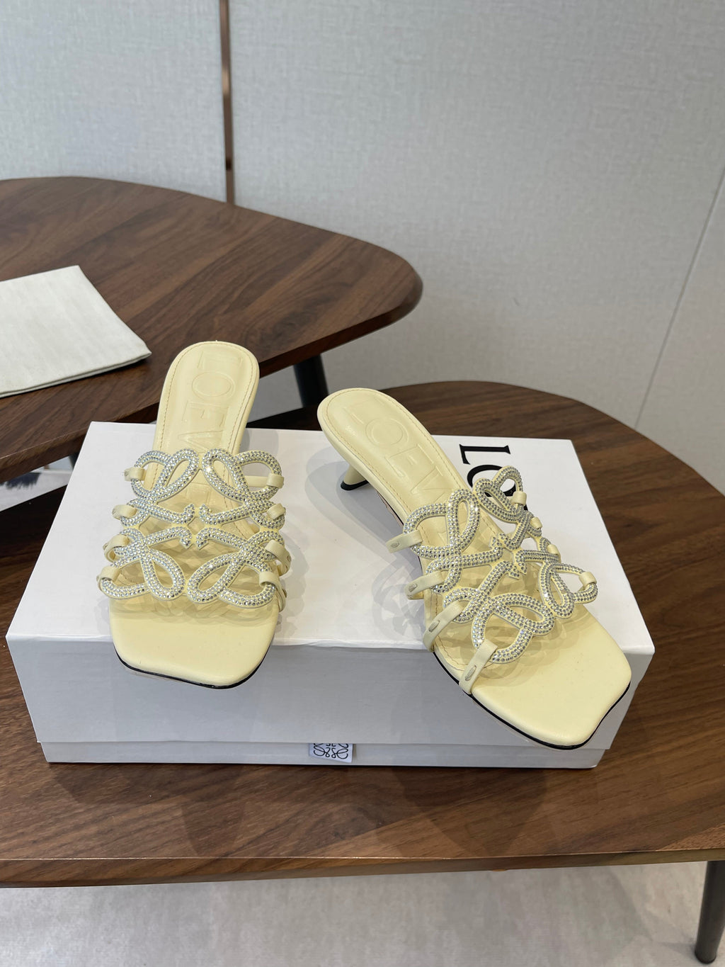 LOEWE 26S HIGH HEEL SANDALS IN LIGHT YELLOW CALFSKIN WITH CRYSTALS