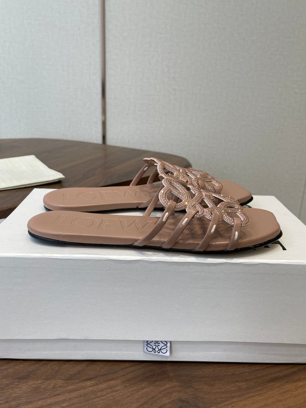 LOEWE 26S PETAL ANAGRAM SLIDE IN TAUPE BROWN CALFSKIN WITH CRYSTALS