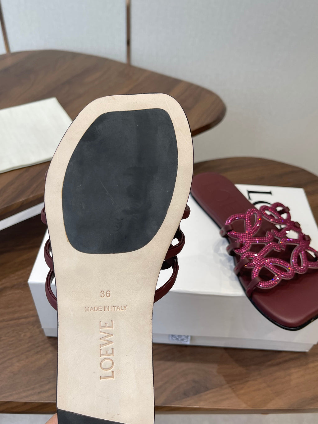 LOEWE 26S FLAT SANDALS IN WINE RED CALFSKIN WITH CRYSTALS