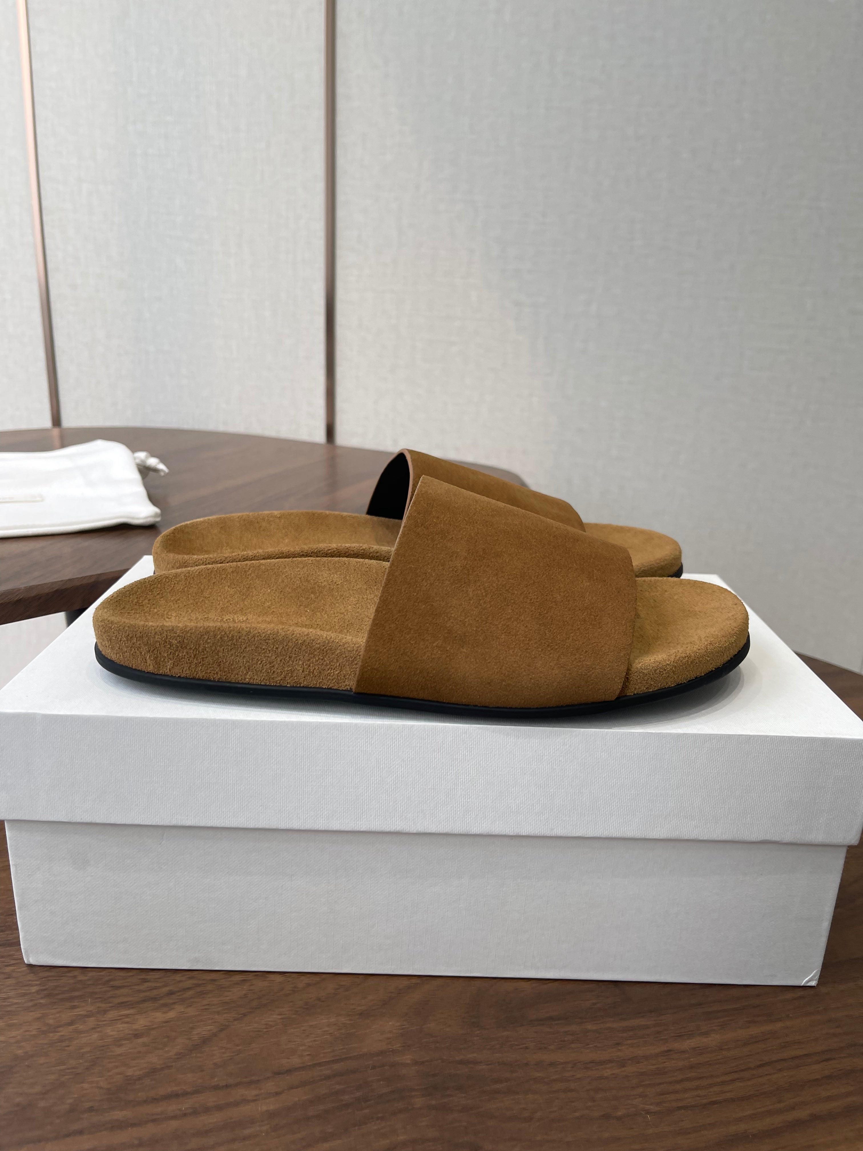 THE ROW 26S SLIDE SANDALS IN GOLD BROWN SUEDE
