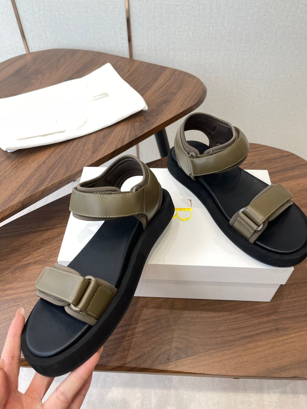 THE ROW 26S DOUBLE STRAP SANDALS IN OLIVE GREEN CALFSKIN