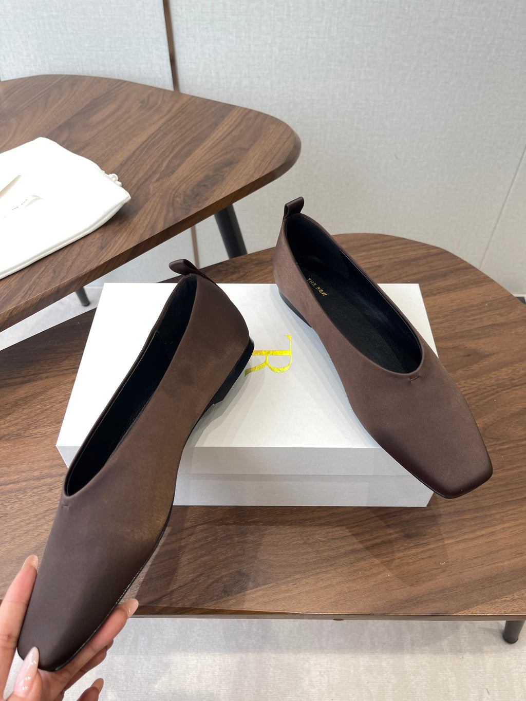 THE ROW 26S SQUARE TOE BALLET FLATS IN DARK BROWN SATIN