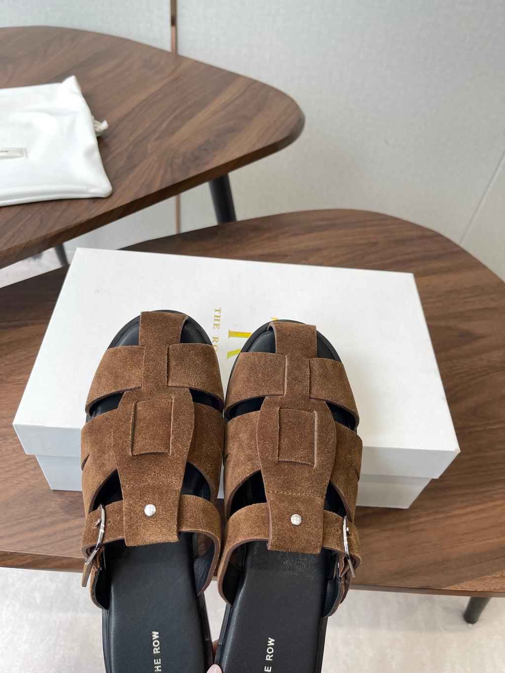THE ROW 26S GLADIATOR SLIDE SANDALS IN BROWN SUEDE