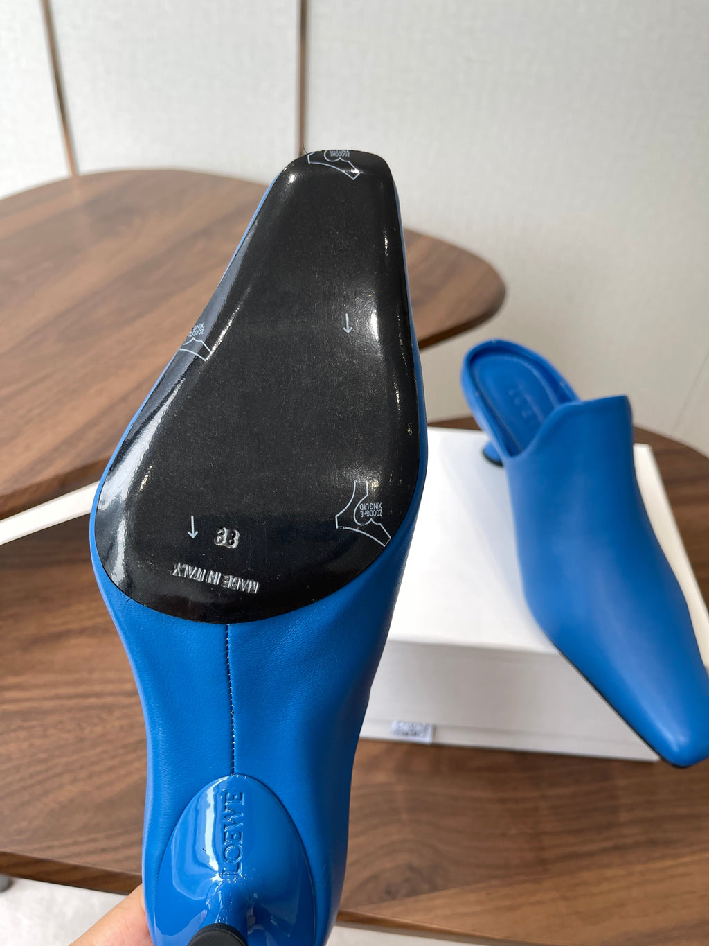 LOEWE 26S EMILY MULE 55MM IN BLUE CALFSKIN