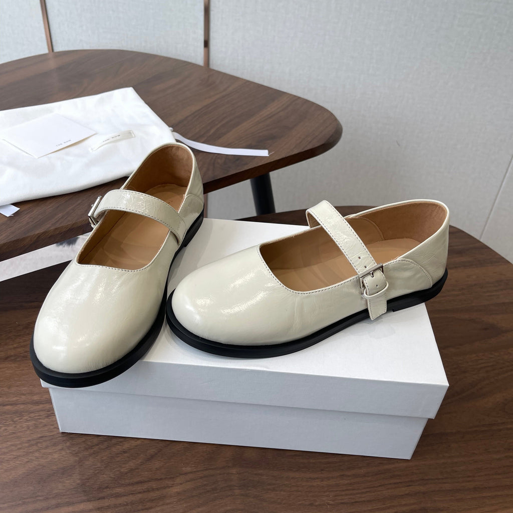 THE ROW 26S MARY JANE FLATS IN WHITE PATENT CALFSKIN