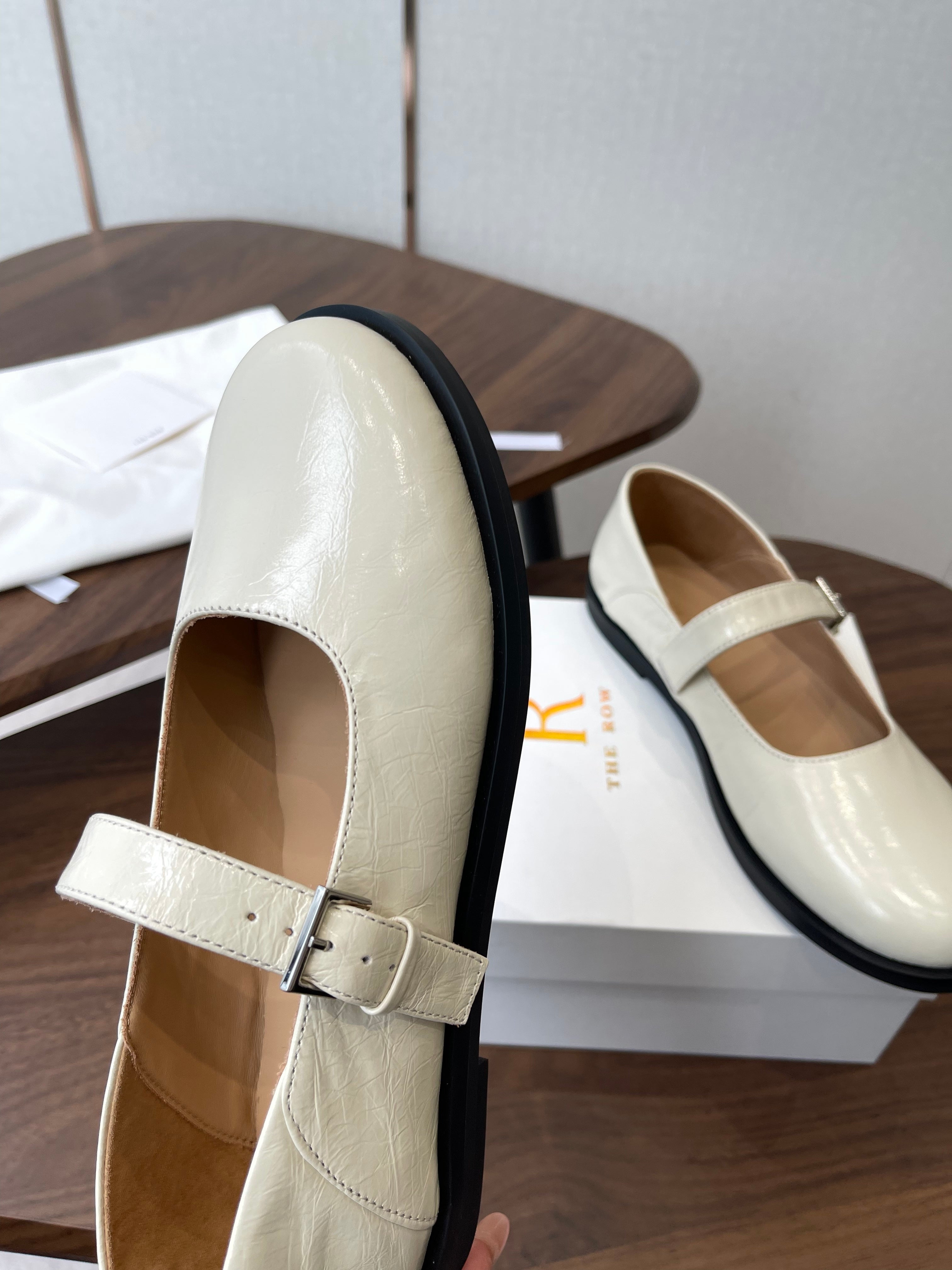 THE ROW 26S MARY JANE FLATS IN WHITE PATENT CALFSKIN