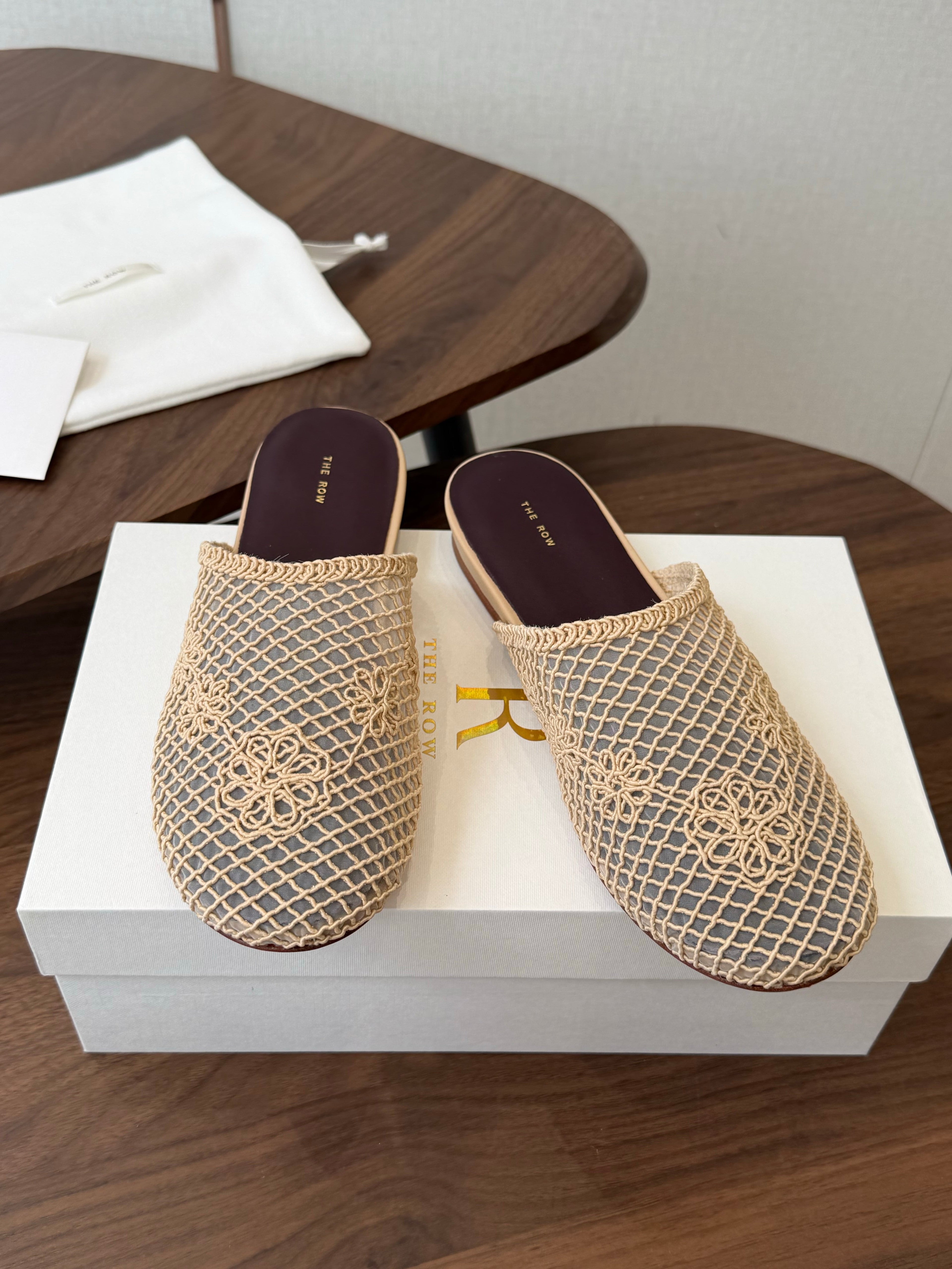 THE ROW 26S MULE FLATS IN BEIGE CROCHET MESH
